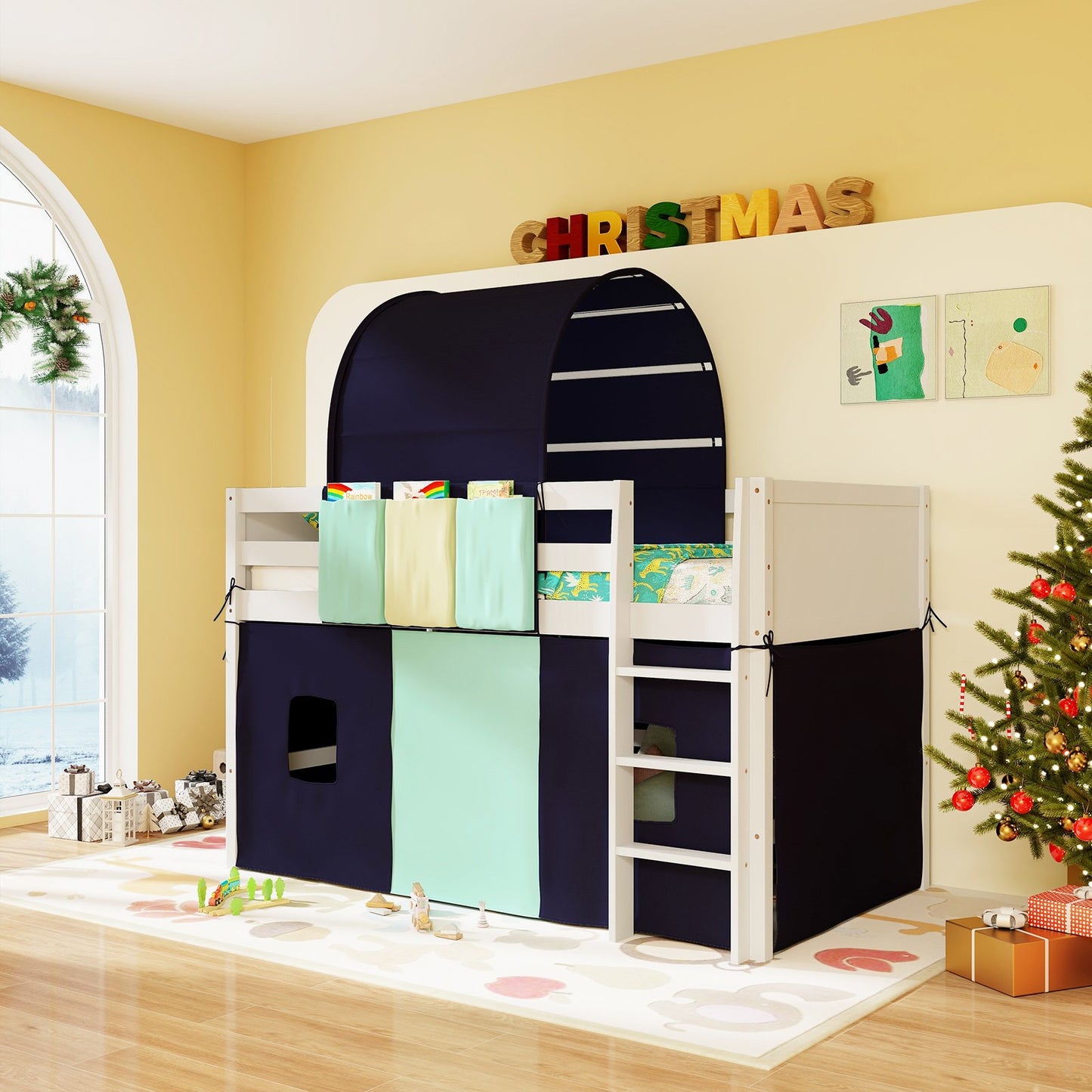 Twin Size Loft Bed Playhouse Bed Frame with Tower Tent and 3 Storage Pockets-Navy Kids Crystal