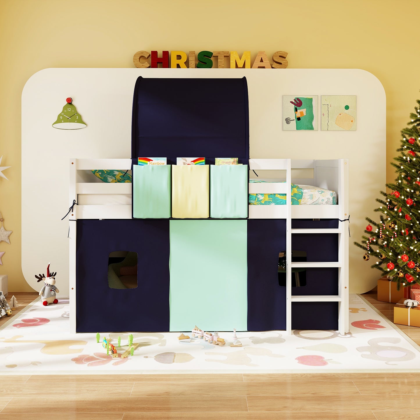 Twin Size Loft Bed Playhouse Bed Frame with Tower Tent and 3 Storage Pockets-Navy Kids Crystal