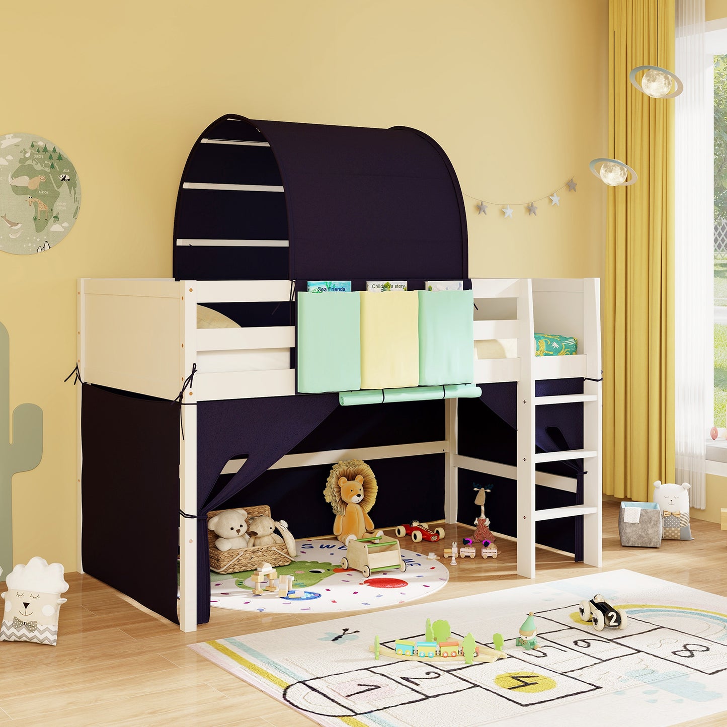 Twin Size Loft Bed Playhouse Bed Frame with Tower Tent and 3 Storage Pockets-Navy Kids Crystal
