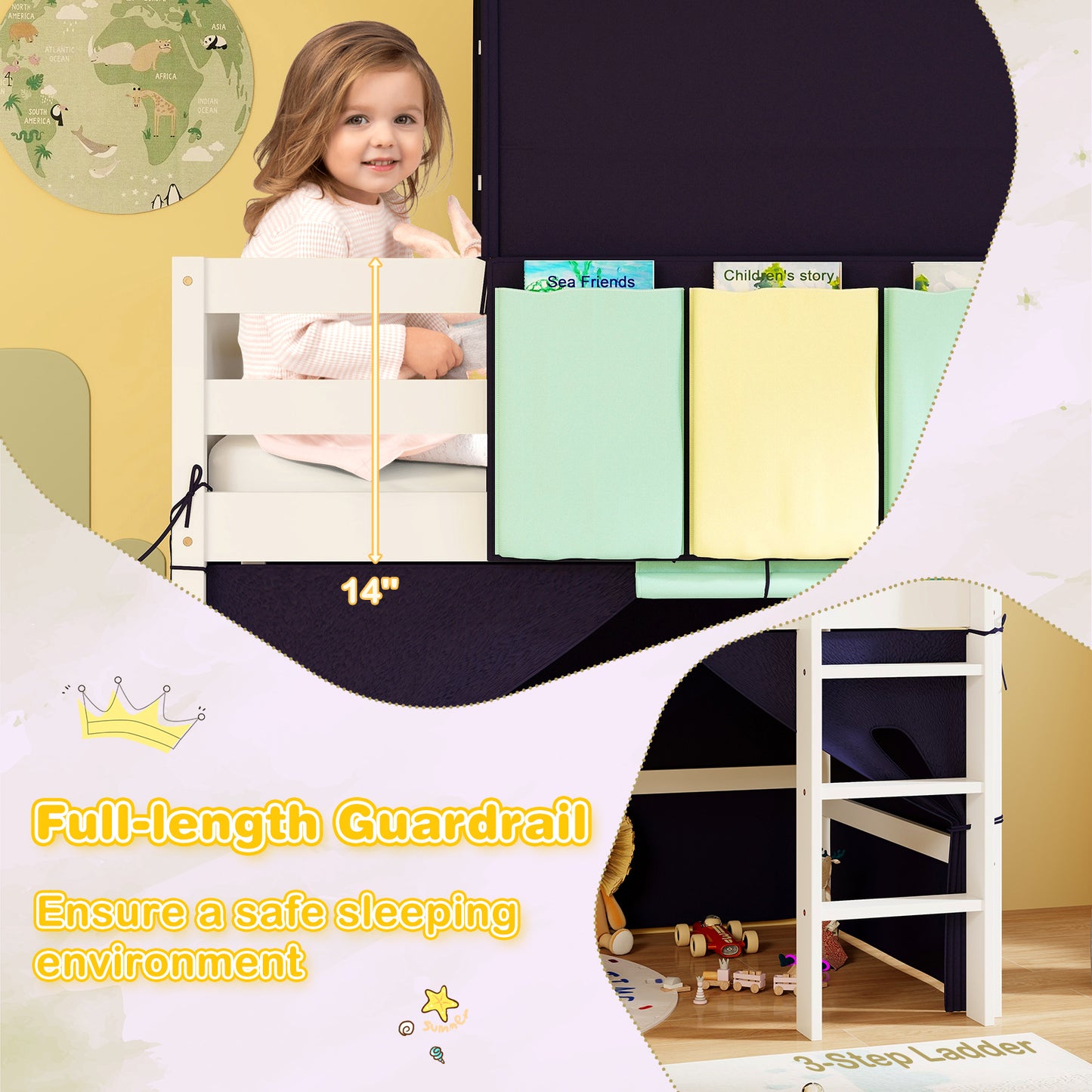 Twin Size Loft Bed Playhouse Bed Frame with Tower Tent and 3 Storage Pockets-Navy Kids Crystal