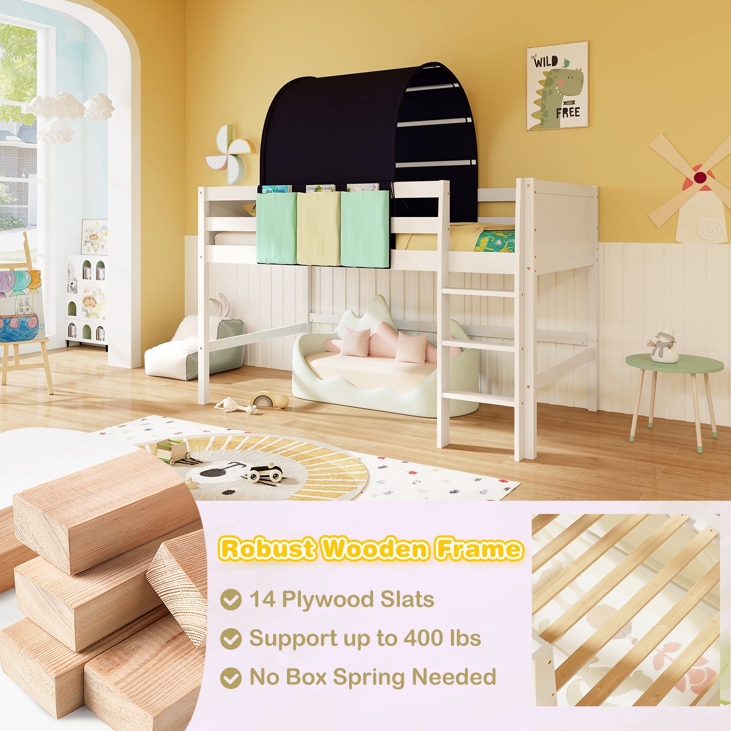 Twin Size Loft Bed Playhouse Bed Frame with Tower Tent and 3 Storage Pockets-Navy Kids Crystal