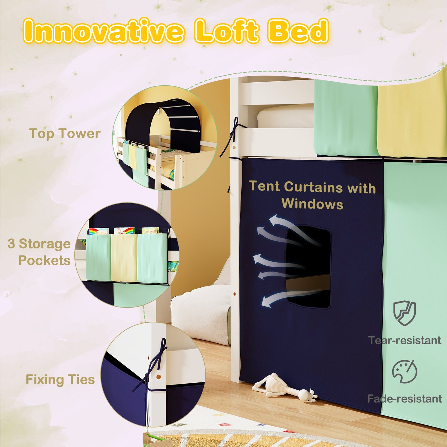 Twin Size Loft Bed Playhouse Bed Frame with Tower Tent and 3 Storage Pockets-Navy Kids Crystal