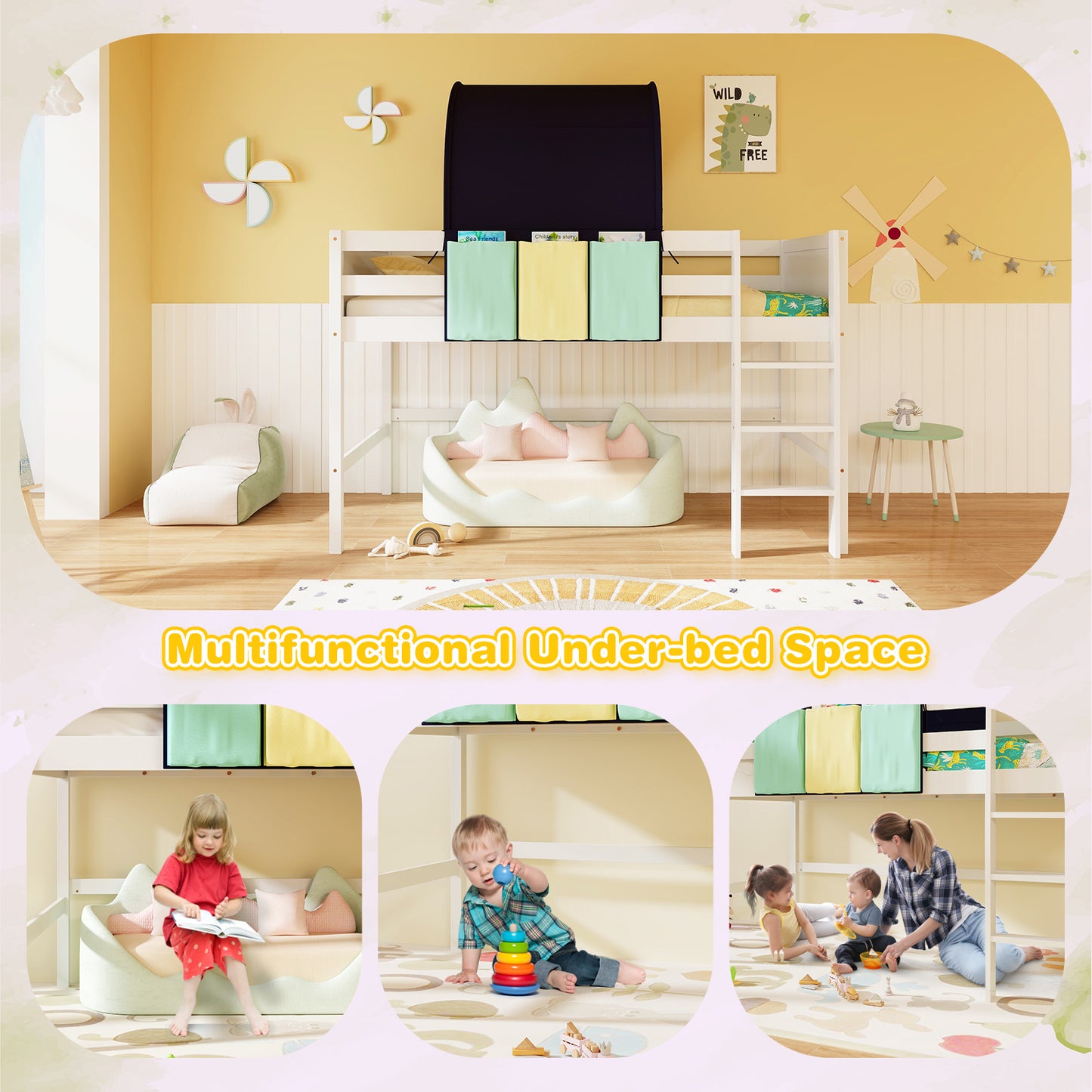 Twin Size Loft Bed Playhouse Bed Frame with Tower Tent and 3 Storage Pockets-Navy Kids Crystal