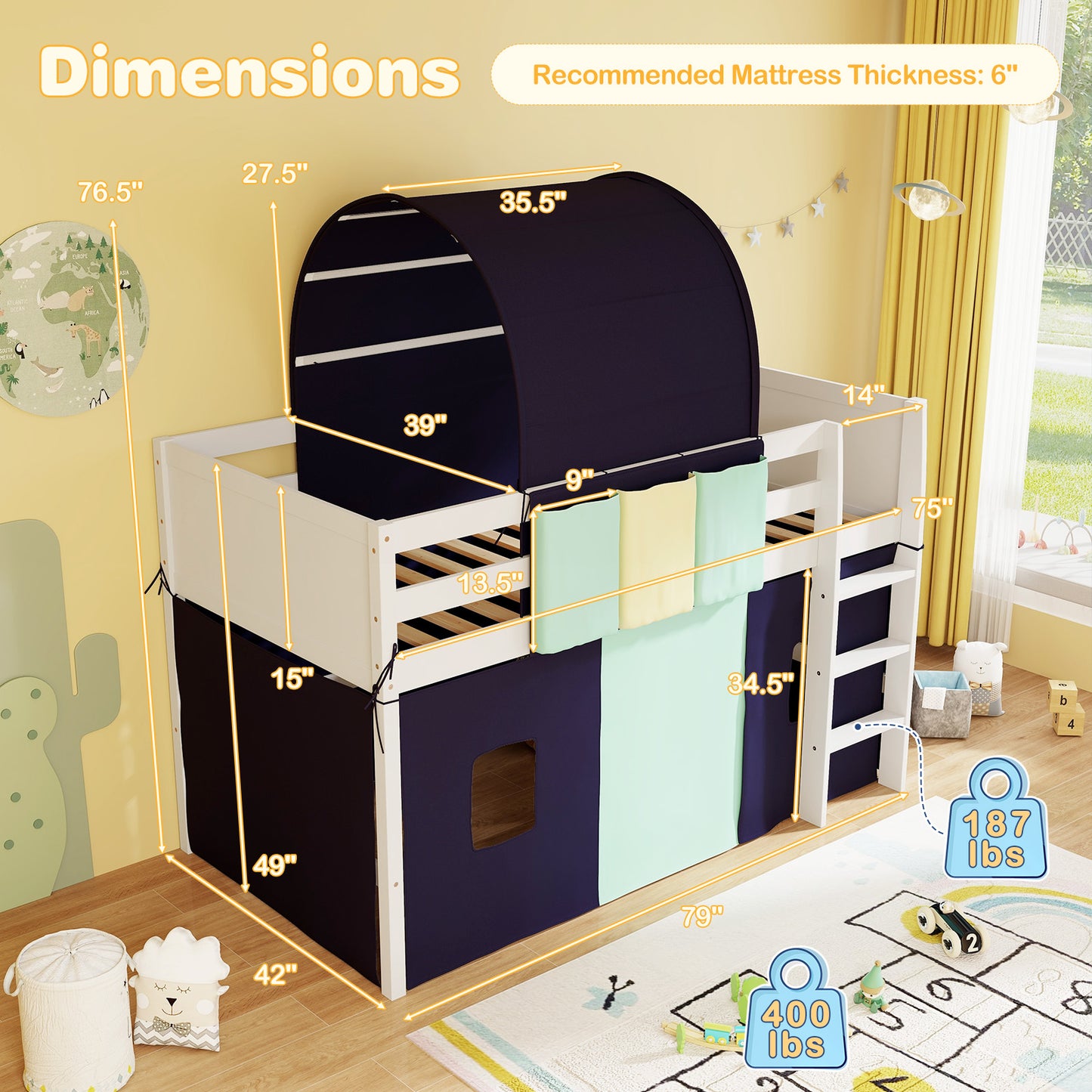 Twin Size Loft Bed Playhouse Bed Frame with Tower Tent and 3 Storage Pockets-Navy Kids Crystal
