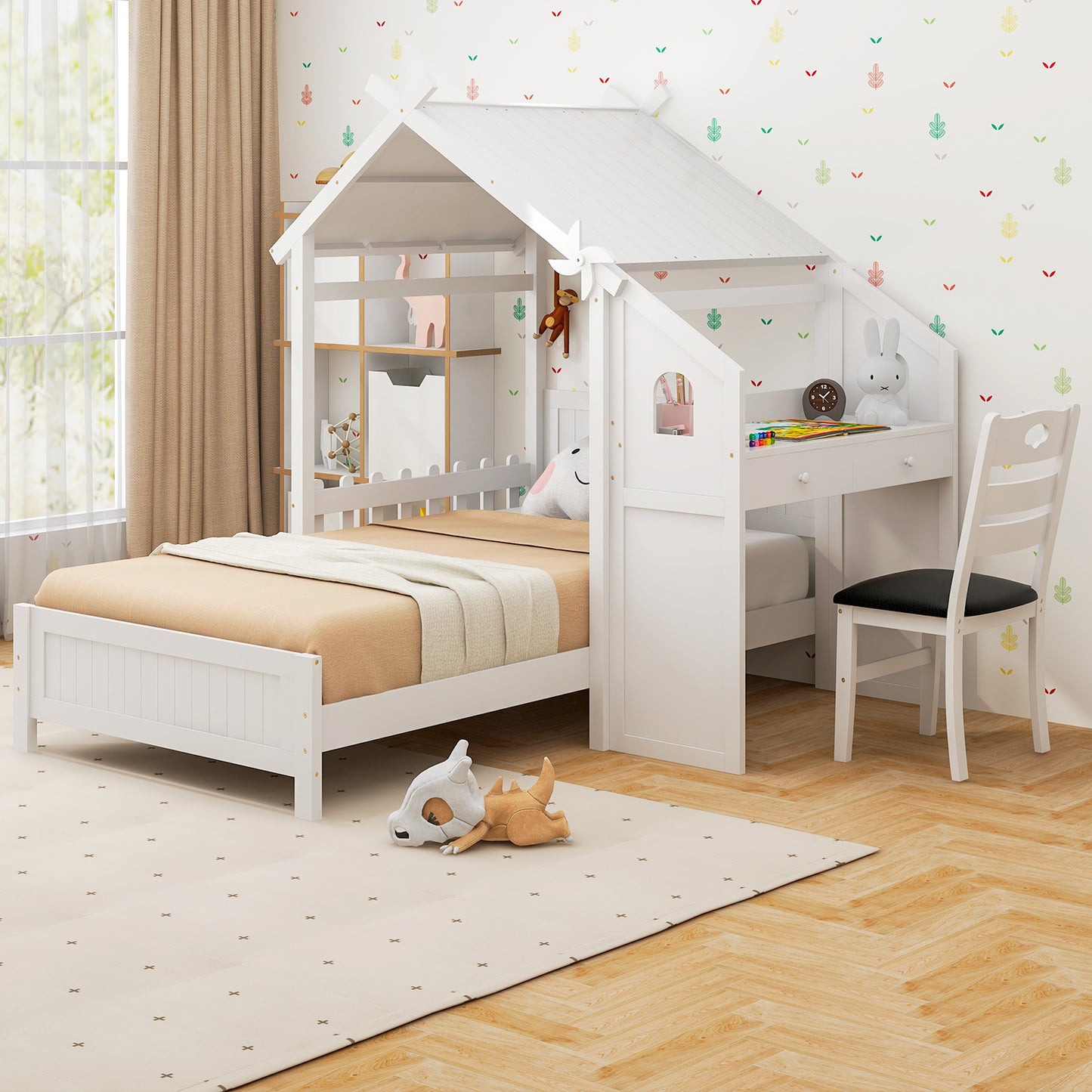 Twin House Bed with with 2 Drawers and Windmill-White Kids Crystal