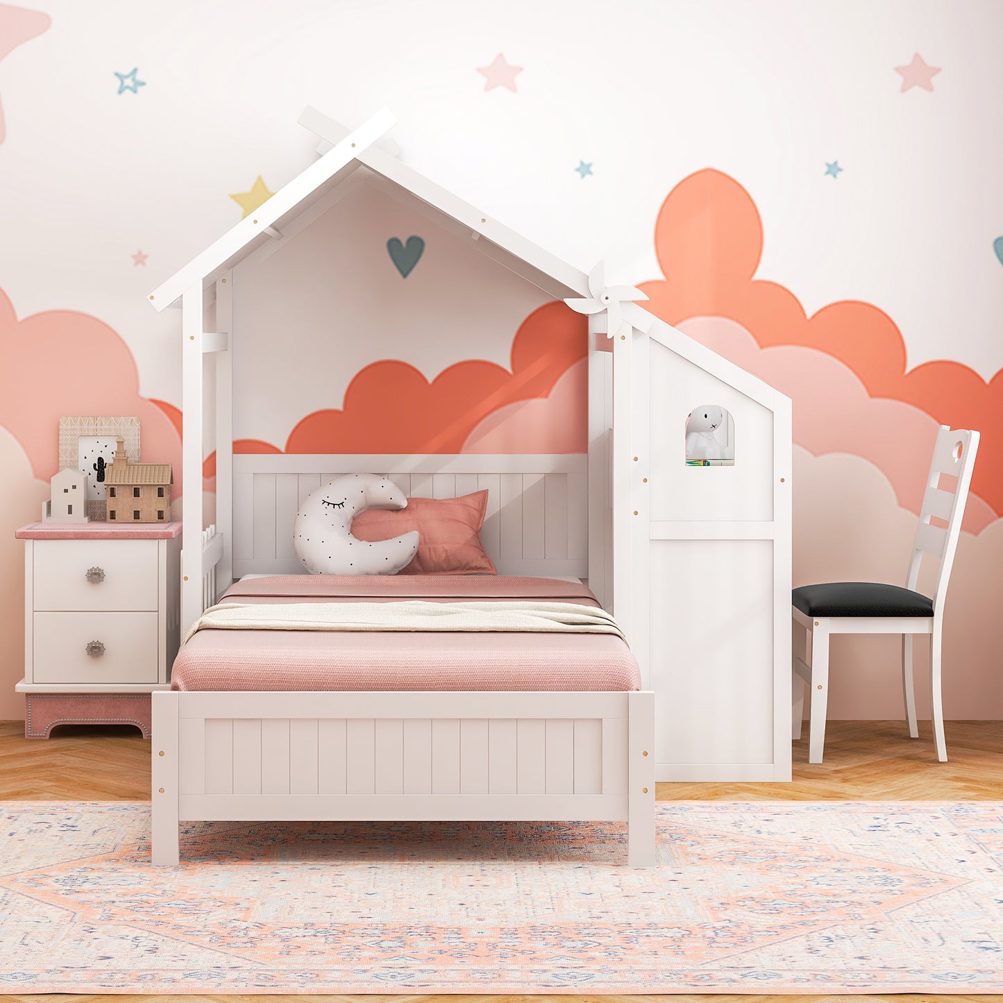 Twin House Bed with with 2 Drawers and Windmill-White Kids Crystal