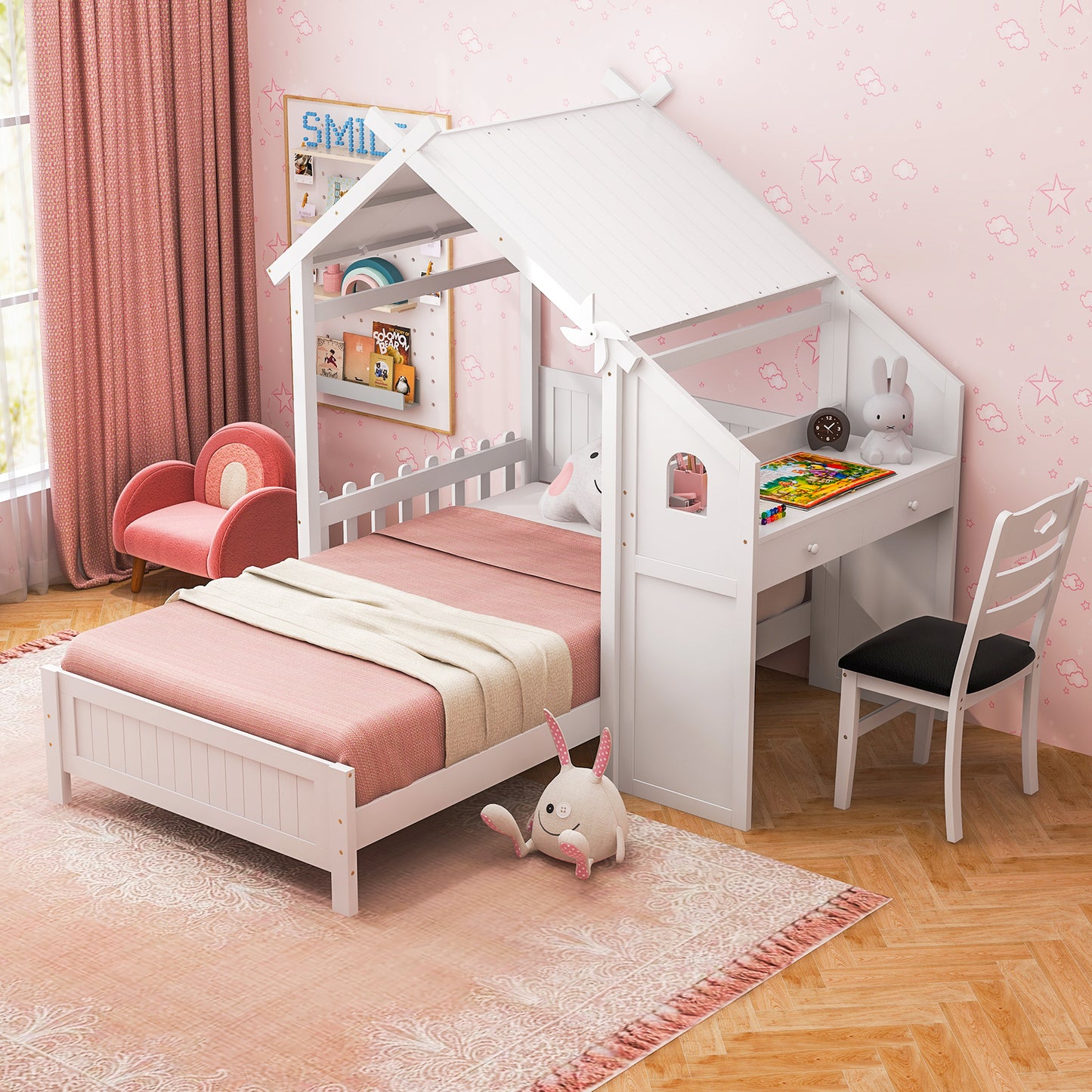 Twin House Bed with with 2 Drawers and Windmill-White Kids Crystal