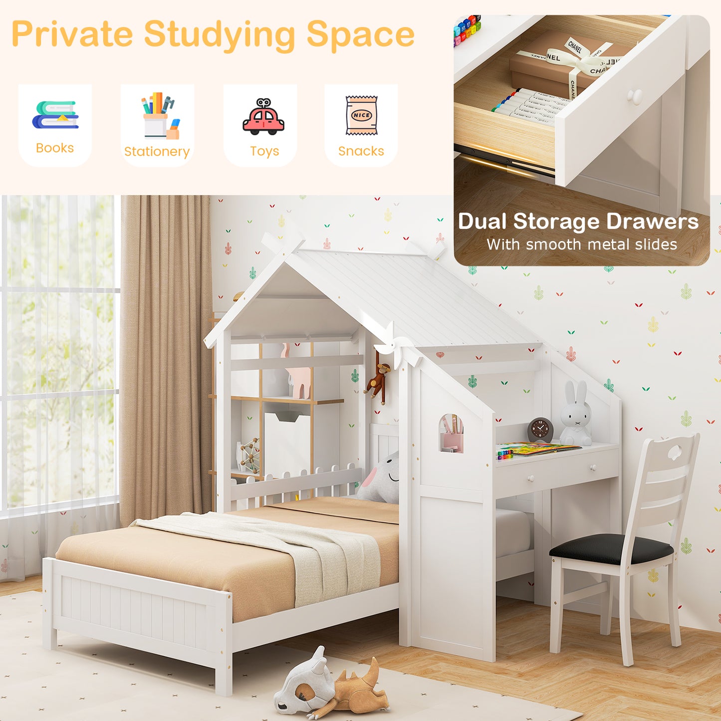 Twin House Bed with with 2 Drawers and Windmill-White Kids Crystal