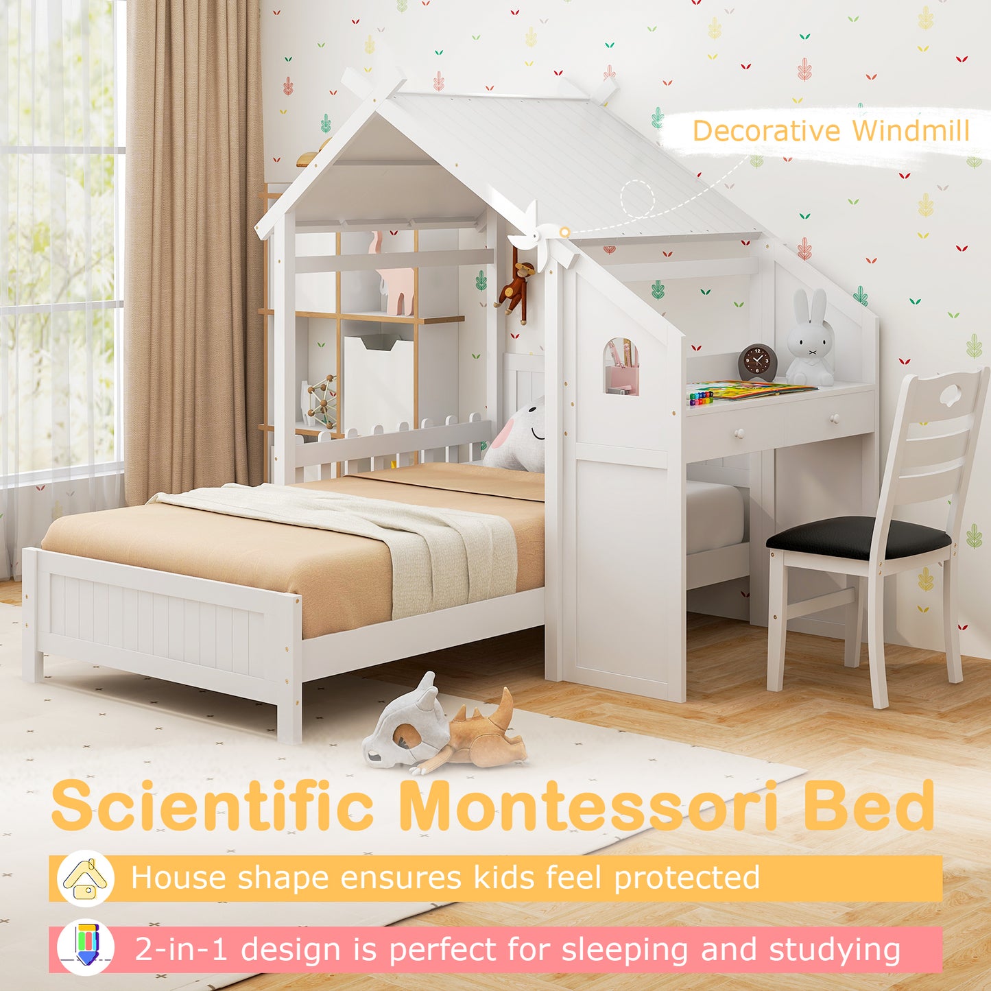 Twin House Bed with with 2 Drawers and Windmill-White Kids Crystal