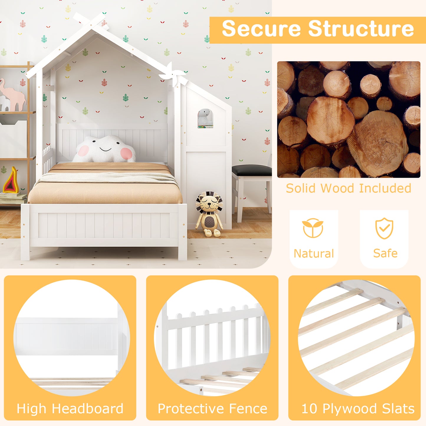Twin House Bed with with 2 Drawers and Windmill-White Kids Crystal