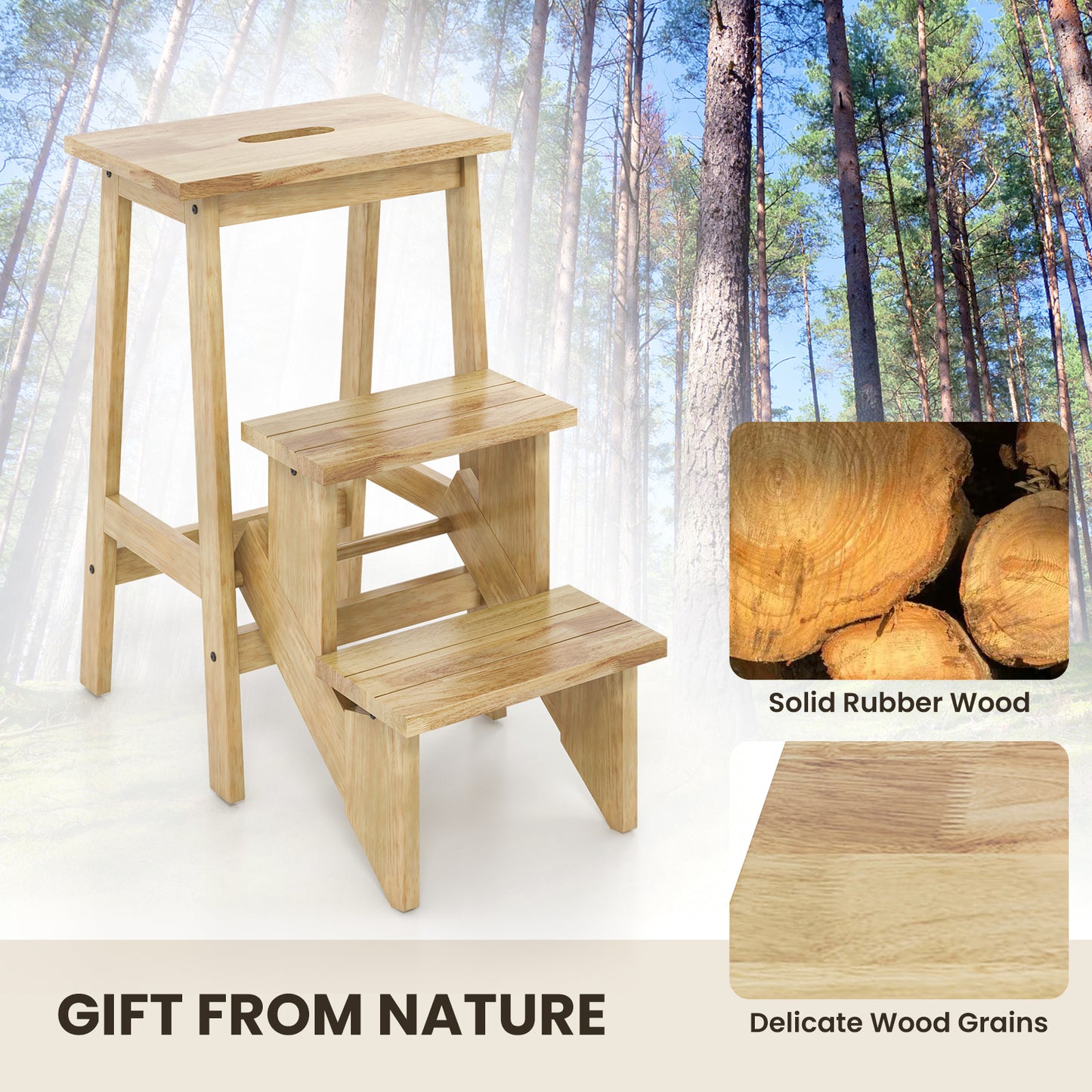 3-in-1 Rubber Wood Step Stool with Convenient Handle-Natural Kids Crystal