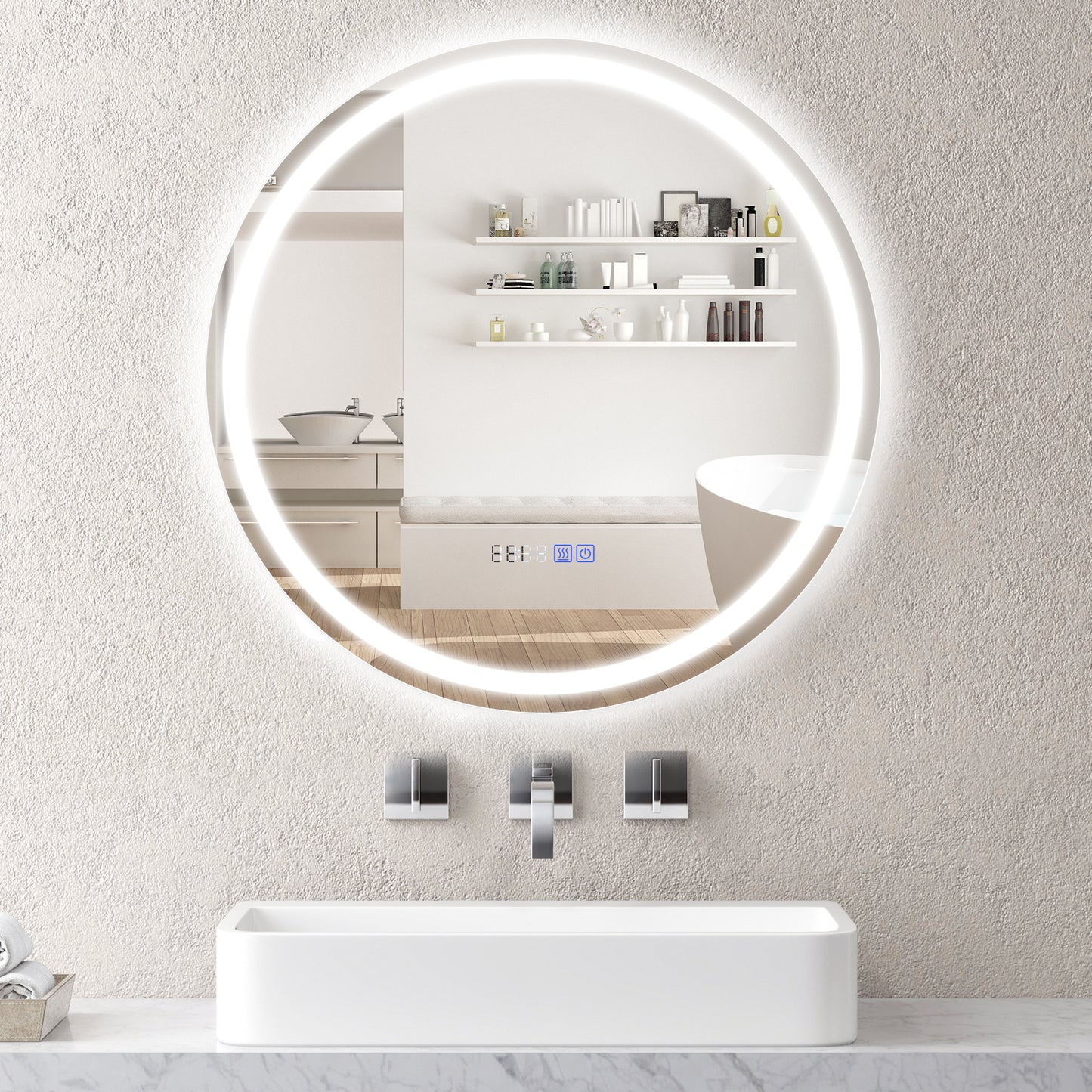 24 Inch Anti-Fog Bathroom Wall Mirror with 3-Color LED Lights and Temperature Display Kids Crystal