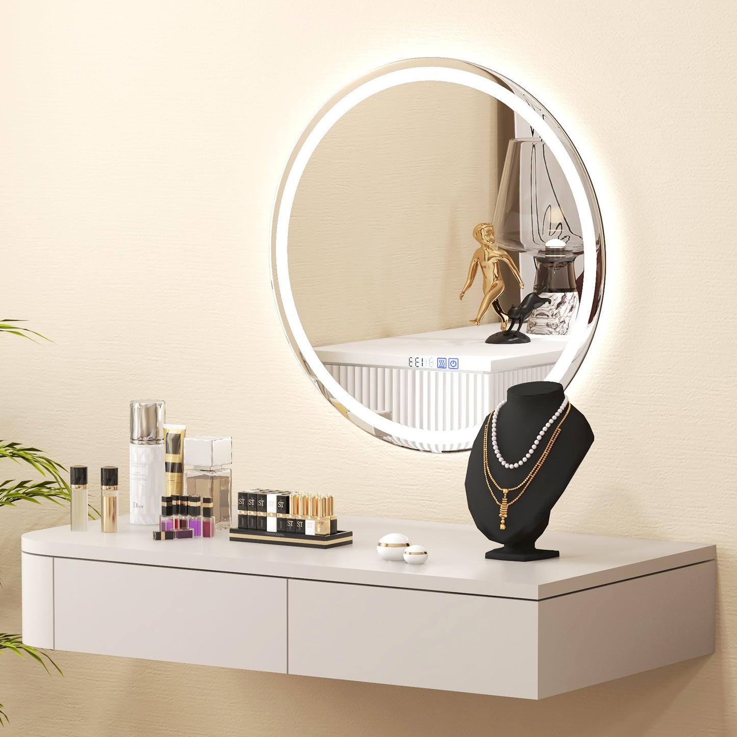 24 Inch Anti-Fog Bathroom Wall Mirror with 3-Color LED Lights and Temperature Display Kids Crystal