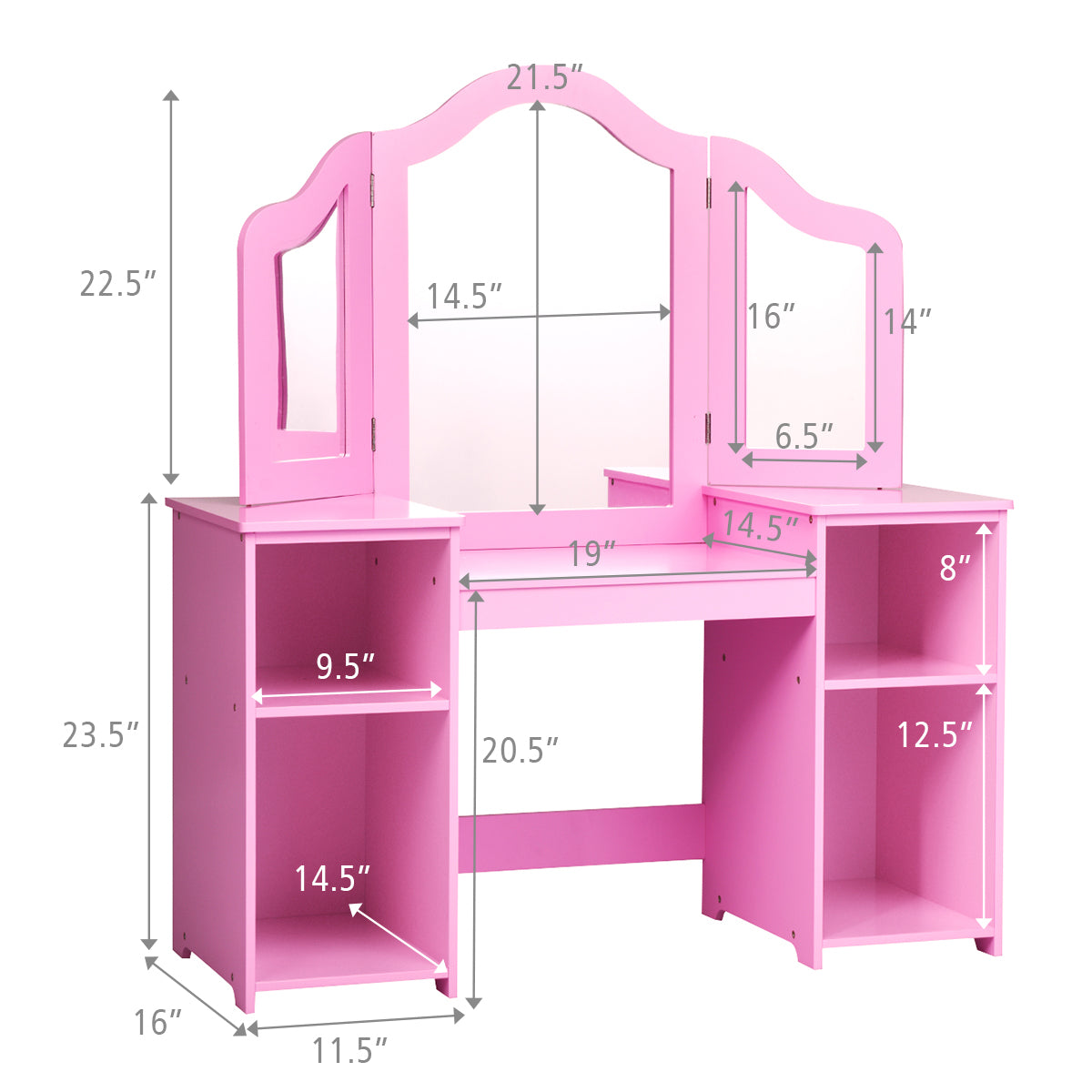 Kids Tri Folding Mirror Makeup Dressing Vanity Table Set-Pink Kids Crystal