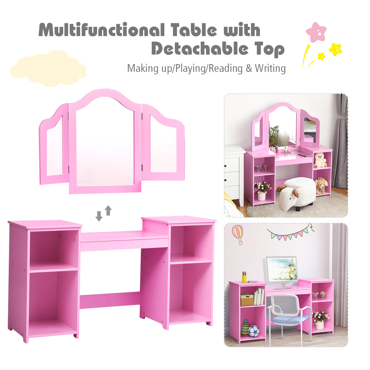 Kids Tri Folding Mirror Makeup Dressing Vanity Table Set-Pink Kids Crystal