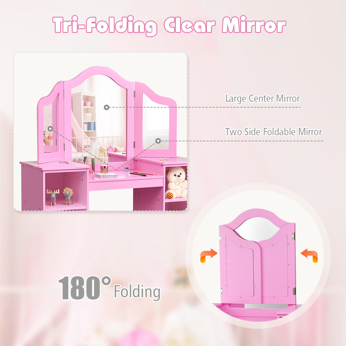 Kids Tri Folding Mirror Makeup Dressing Vanity Table Set-Pink Kids Crystal