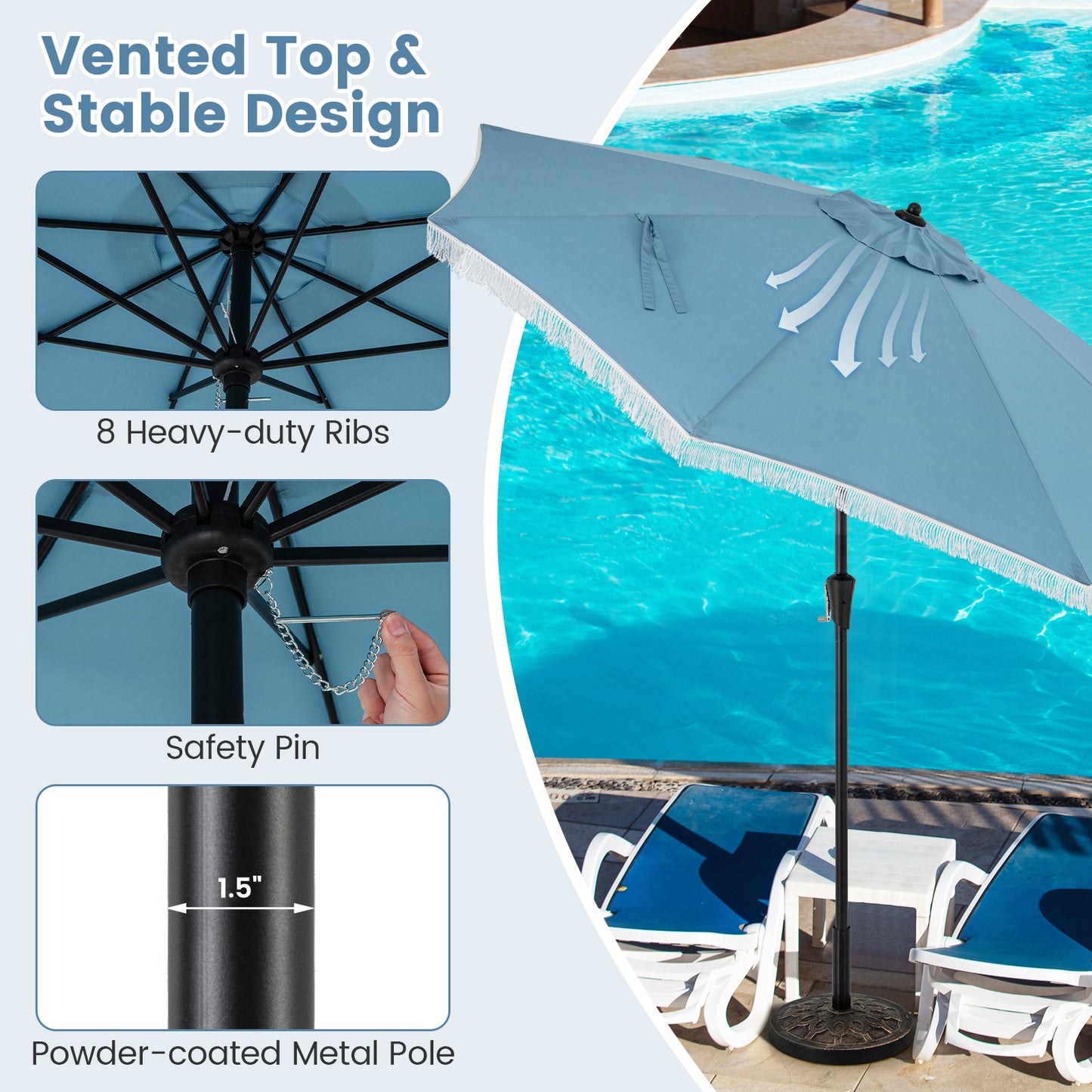 9 FT Patio Umbrella with Sun-Protective Canopy for Patio Garden Pool-Navy Kids Crystal