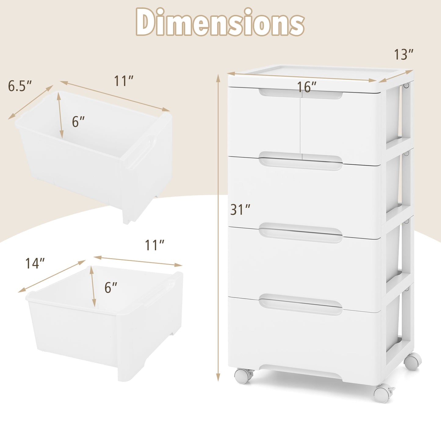 Rolling Storage Cabinet with Universal Wheels and 5/6/7 Drawers-5 Drawers Kids Crystal