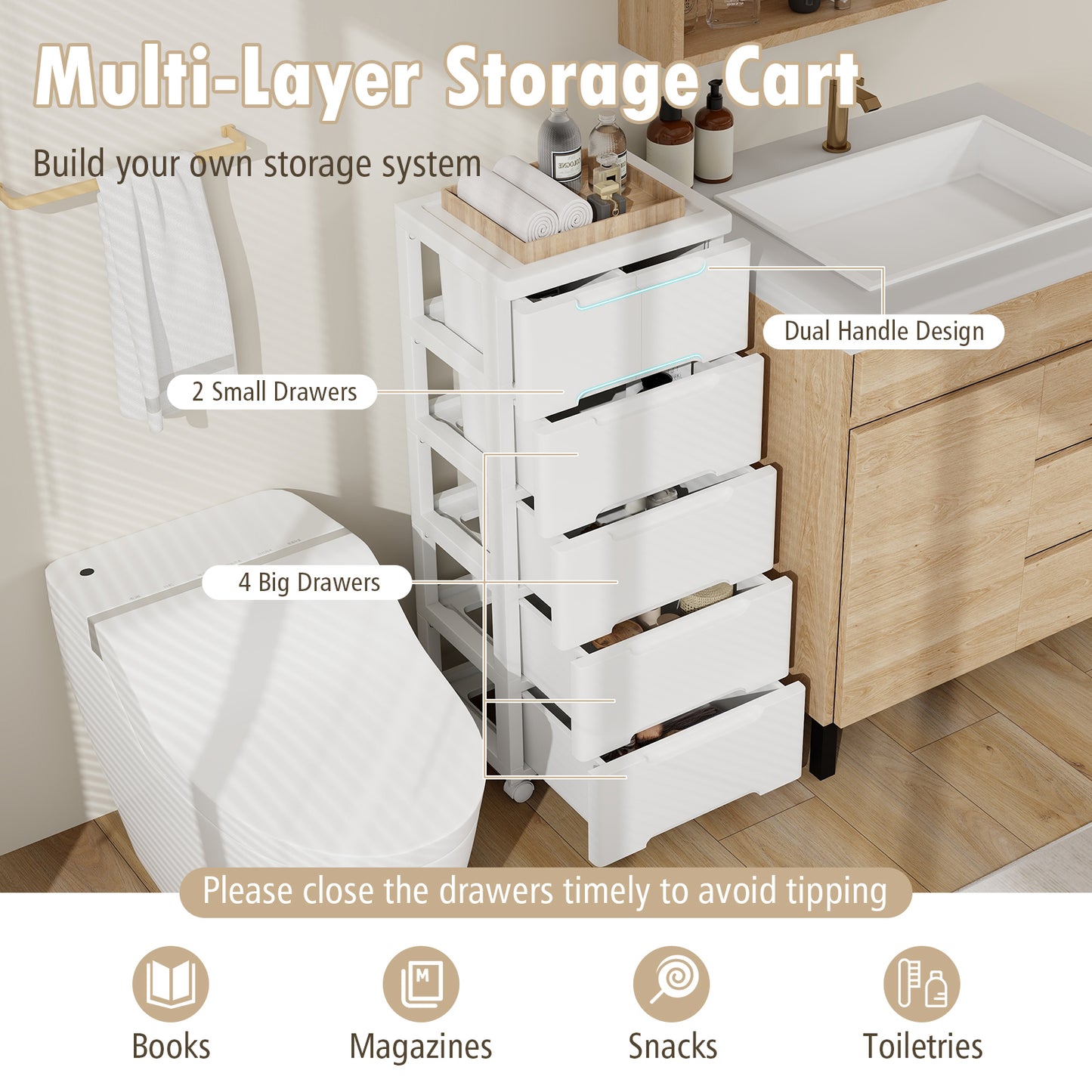 Rolling Storage Cabinet with Universal Wheels and 5/6/7 Drawers-6-Drawer Kids Crystal