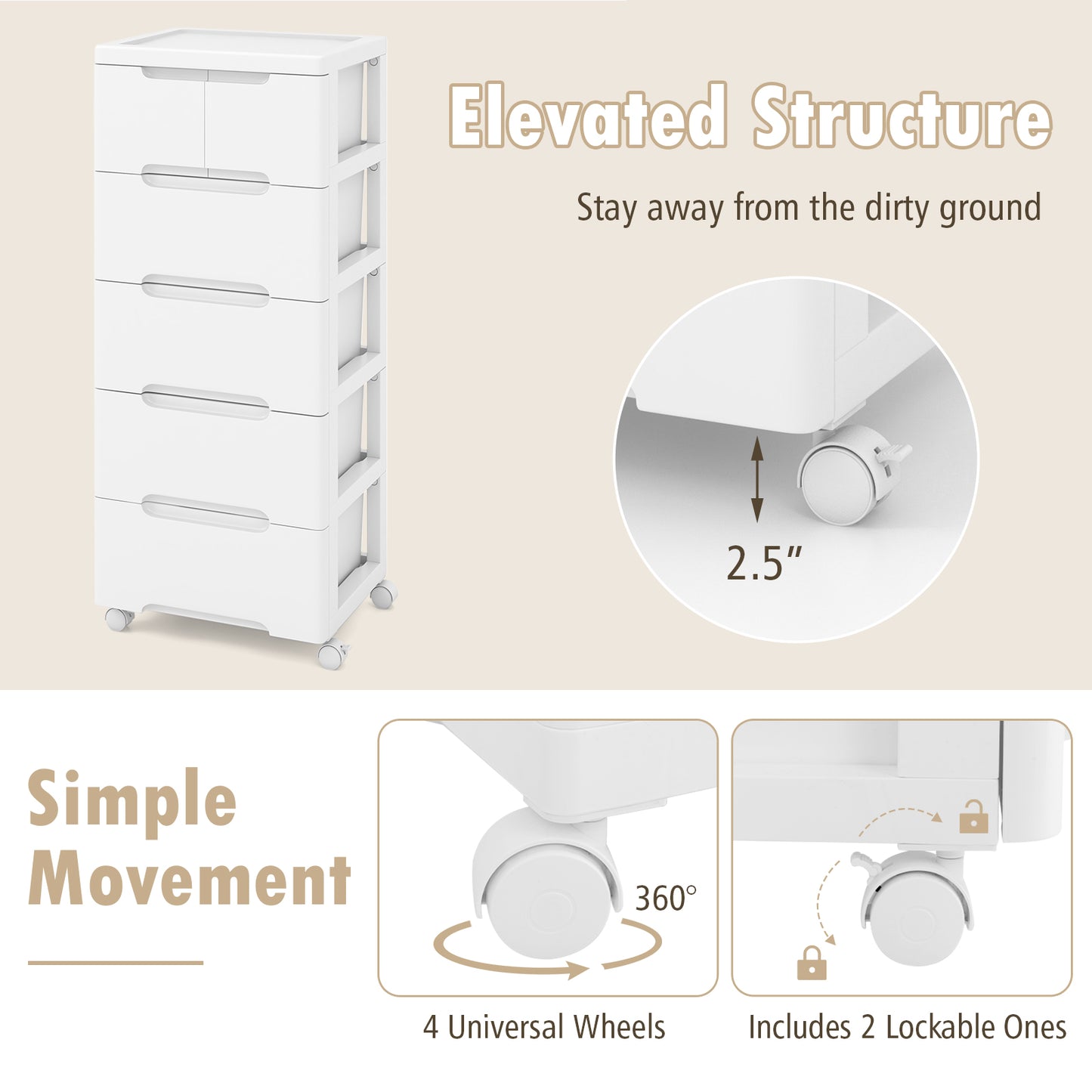 Rolling Storage Cabinet with Universal Wheels and 5/6/7 Drawers-6-Drawer Kids Crystal