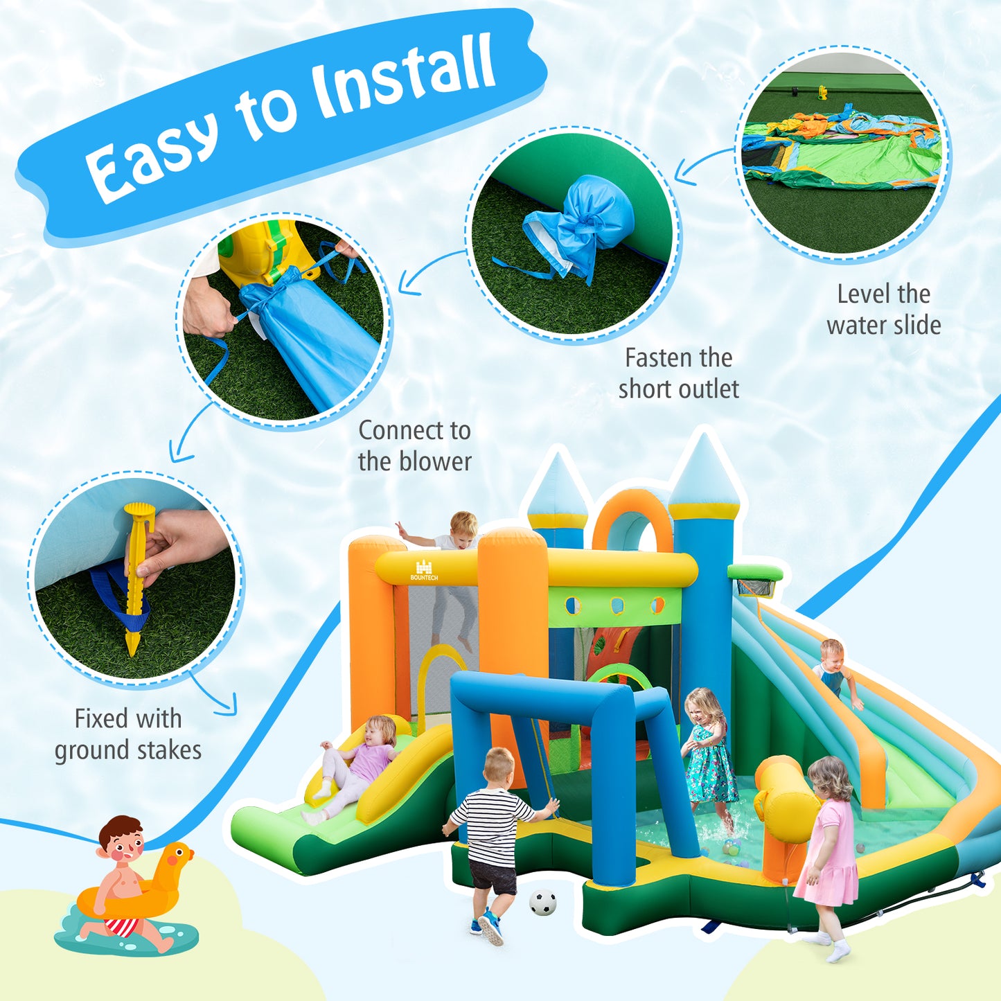 Inflatable Water Slide with Dual Slides and Splash Pool Bounce House with 735W Blower Kids Crystal
