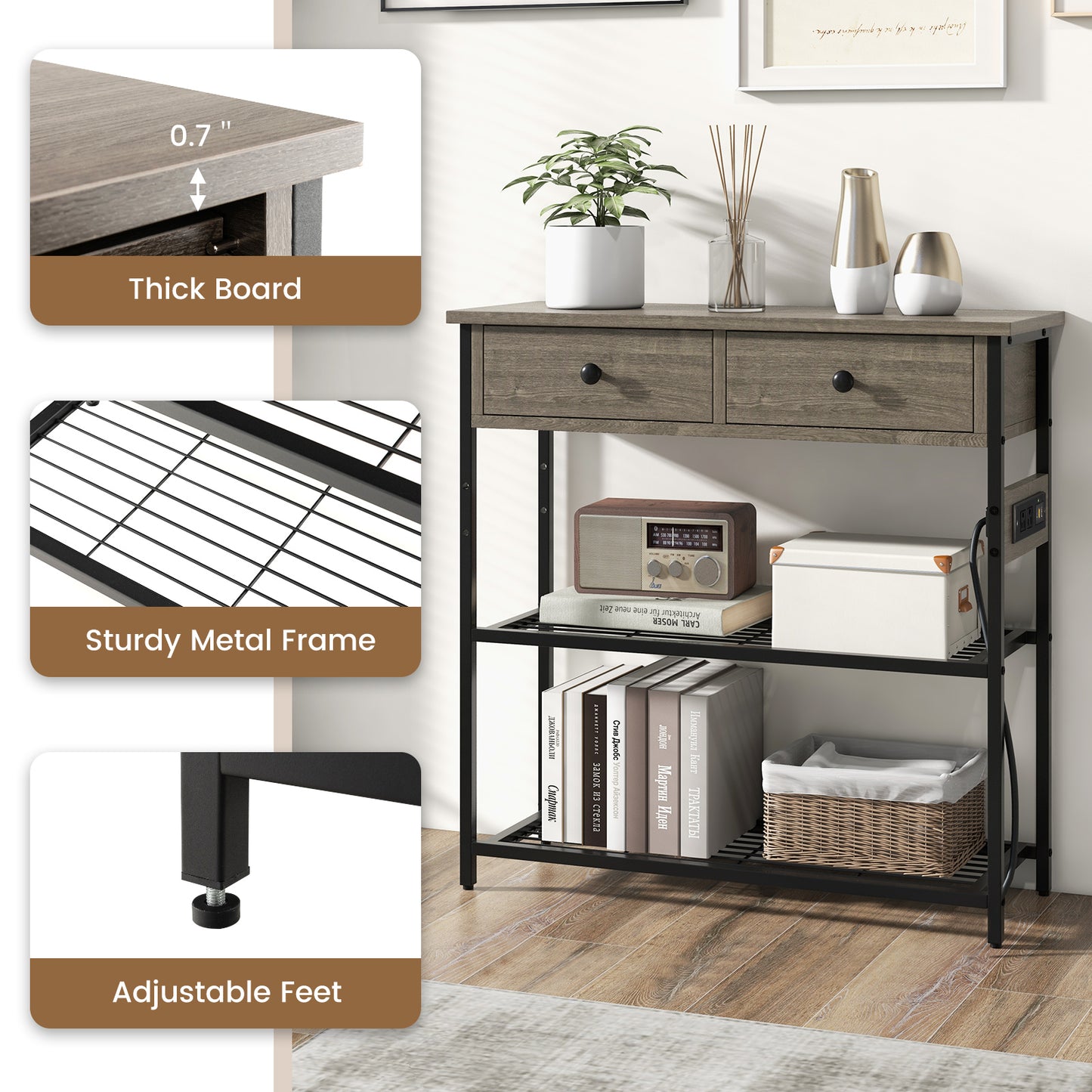 Narrow Console Table with 2 Drawers and 2 Metal Mesh Shelves-Gray Kids Crystal