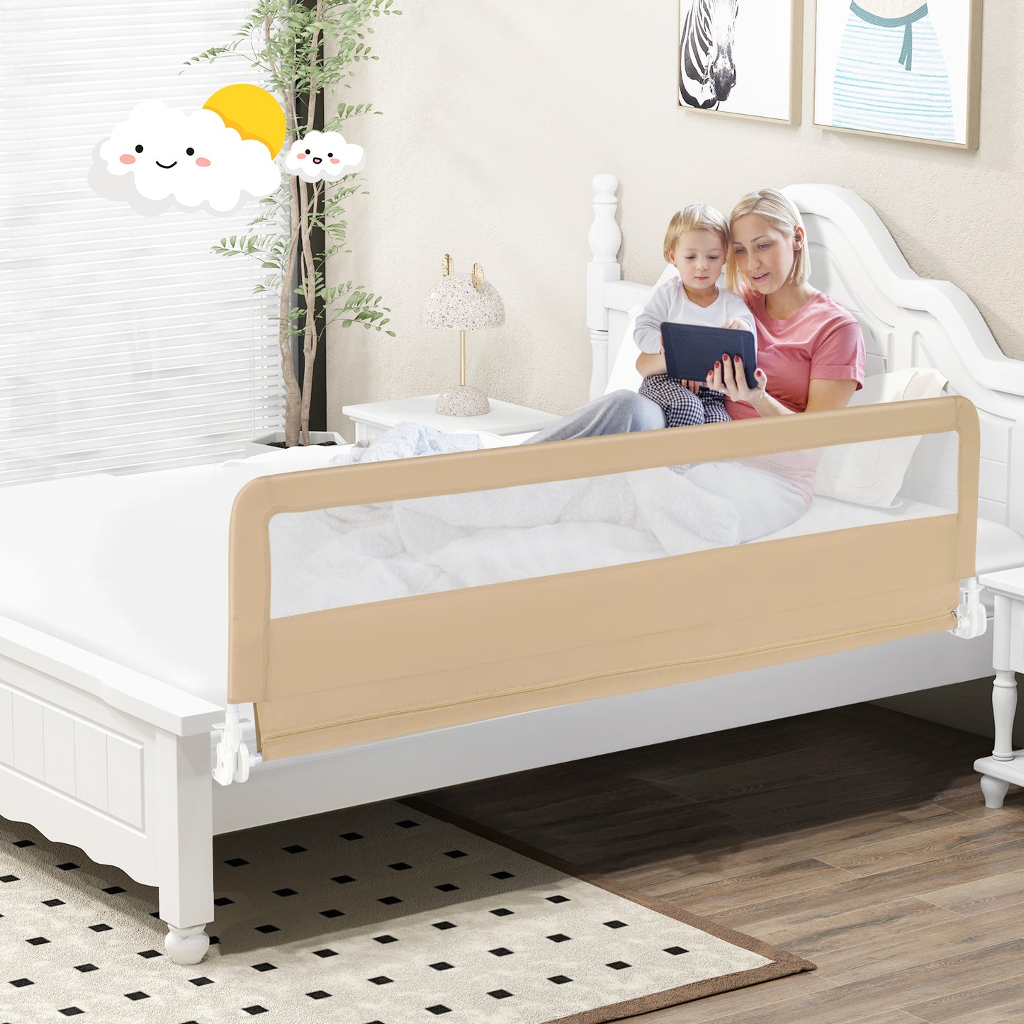 71 Inch Extra Long Swing Down Bed Guardrail with Safety Straps-Beige Kids Crystal