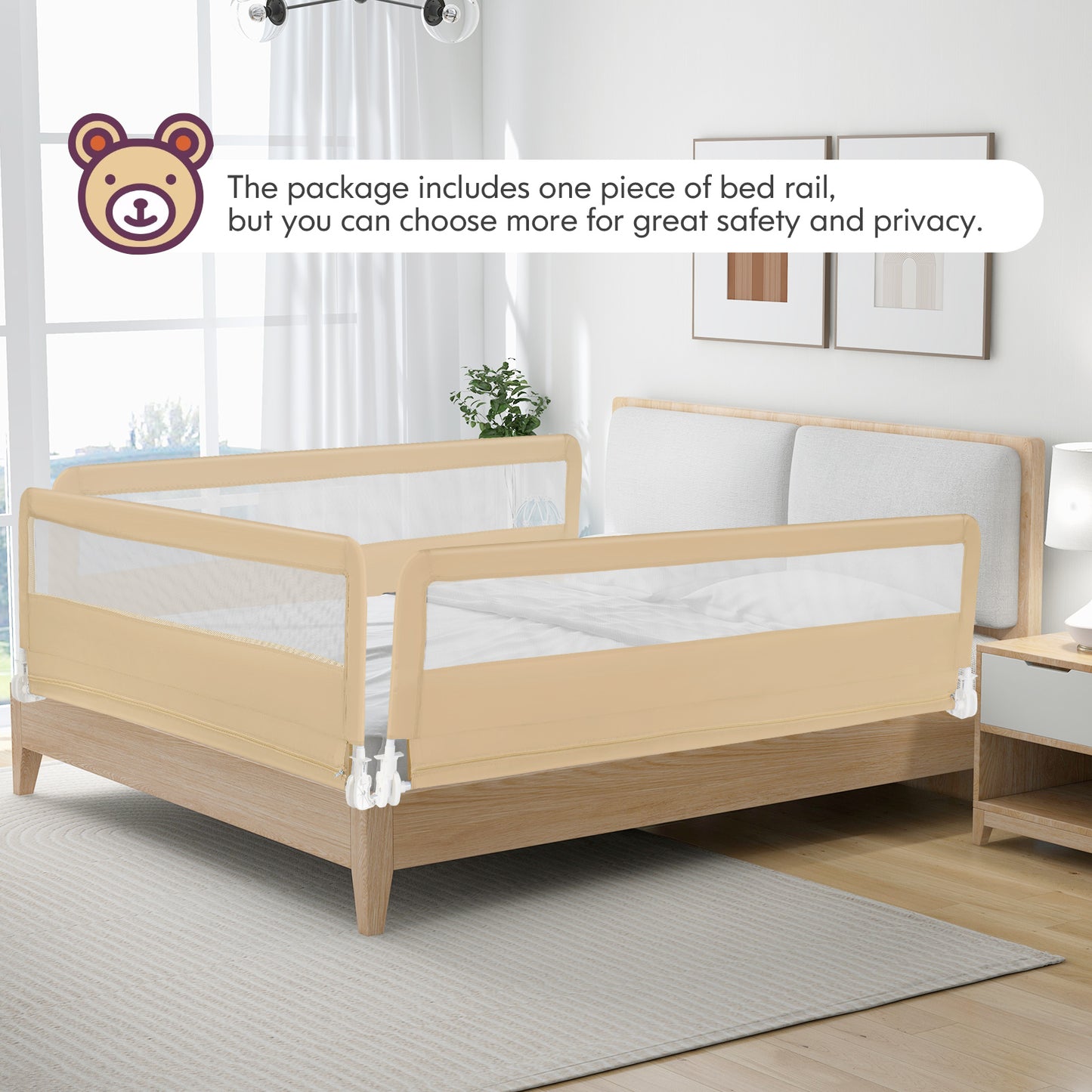 71 Inch Extra Long Swing Down Bed Guardrail with Safety Straps-Beige Kids Crystal