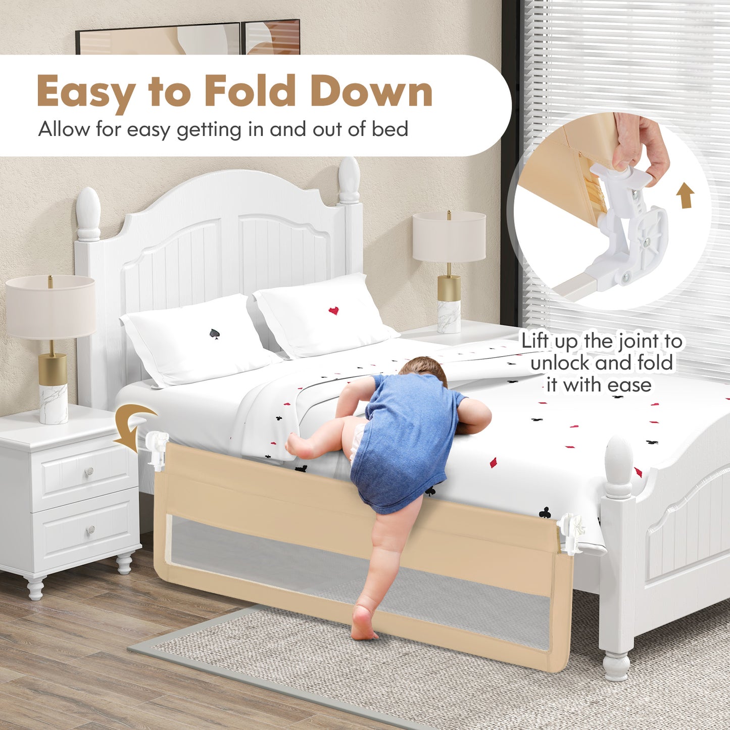 71 Inch Extra Long Swing Down Bed Guardrail with Safety Straps-Beige Kids Crystal