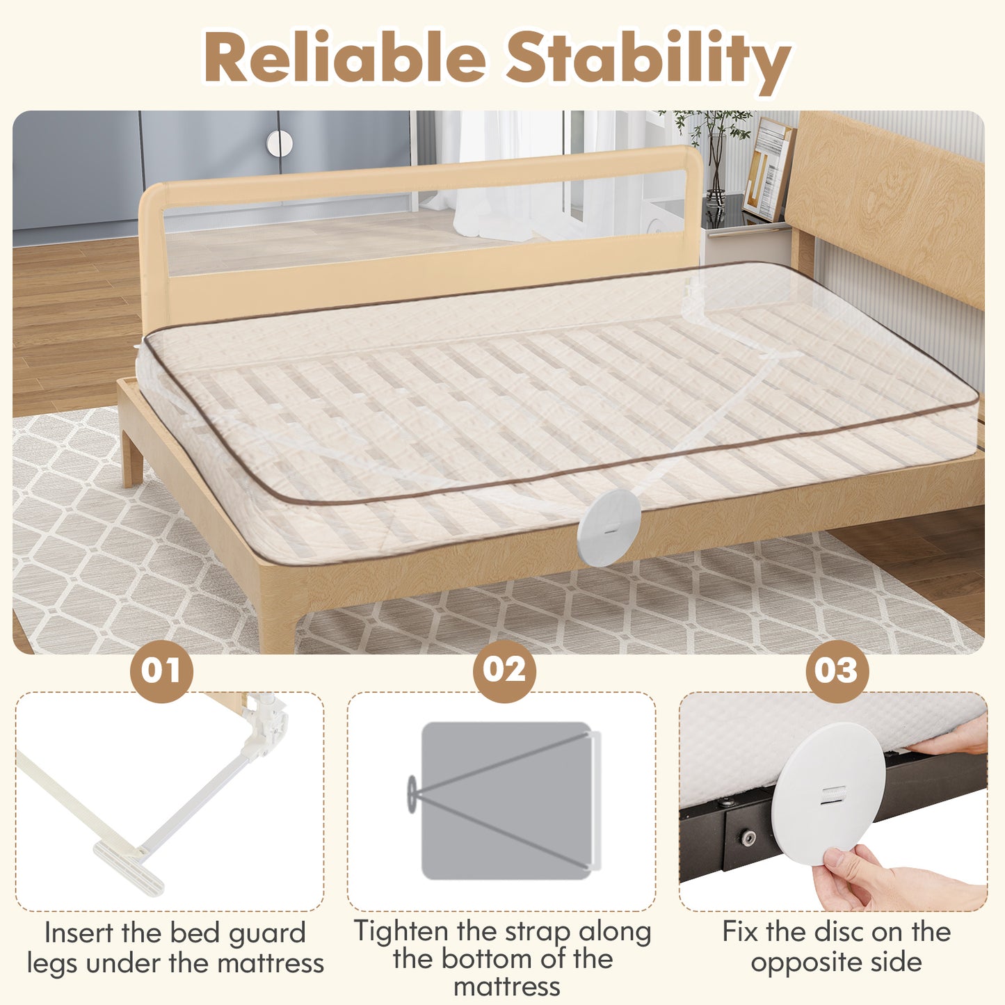 71 Inch Extra Long Swing Down Bed Guardrail with Safety Straps-Beige Kids Crystal