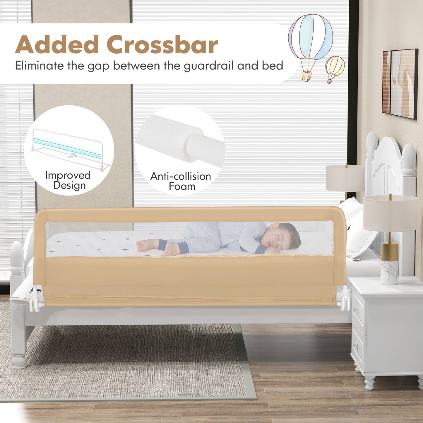 71 Inch Extra Long Swing Down Bed Guardrail with Safety Straps-Beige Kids Crystal