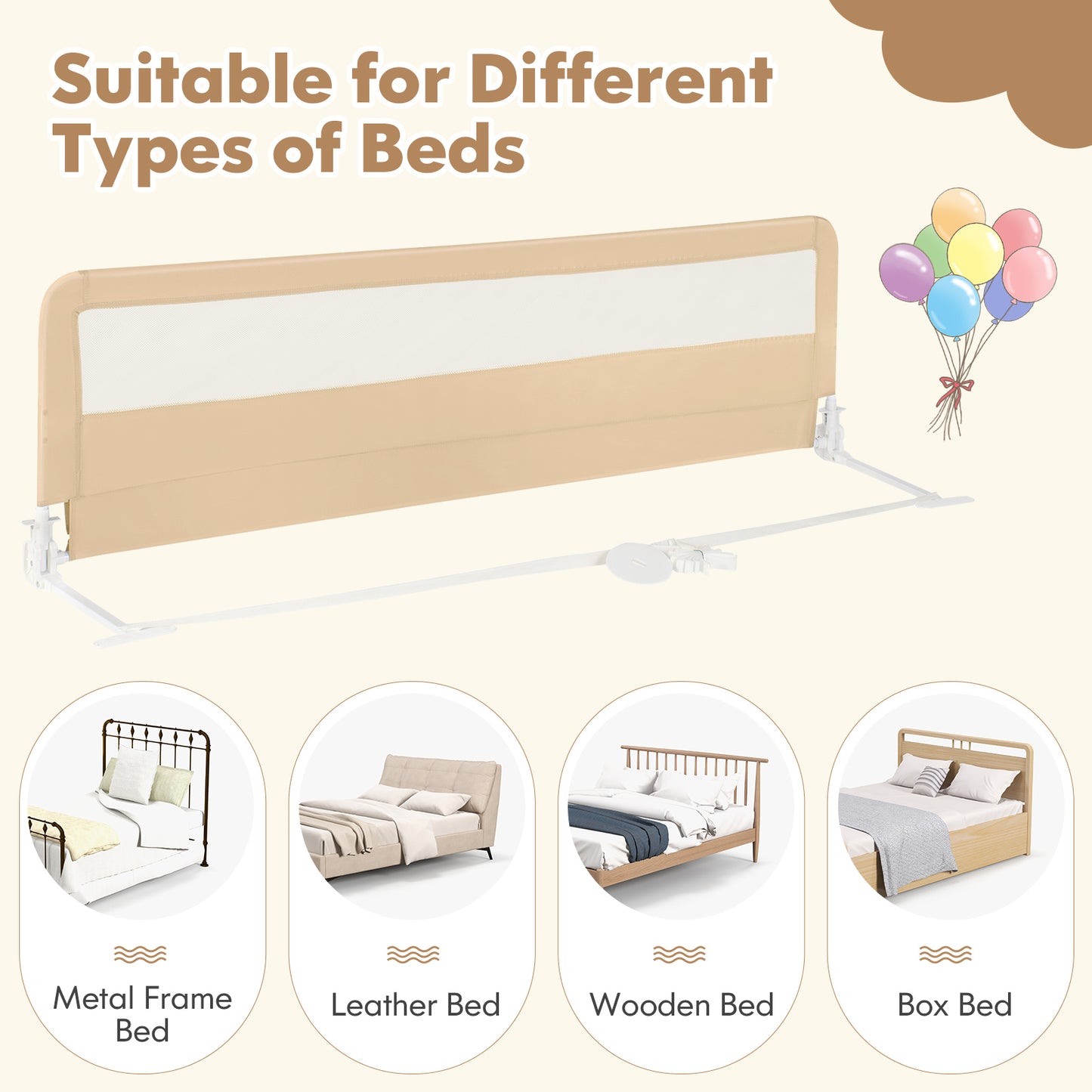71 Inch Extra Long Swing Down Bed Guardrail with Safety Straps-Beige Kids Crystal