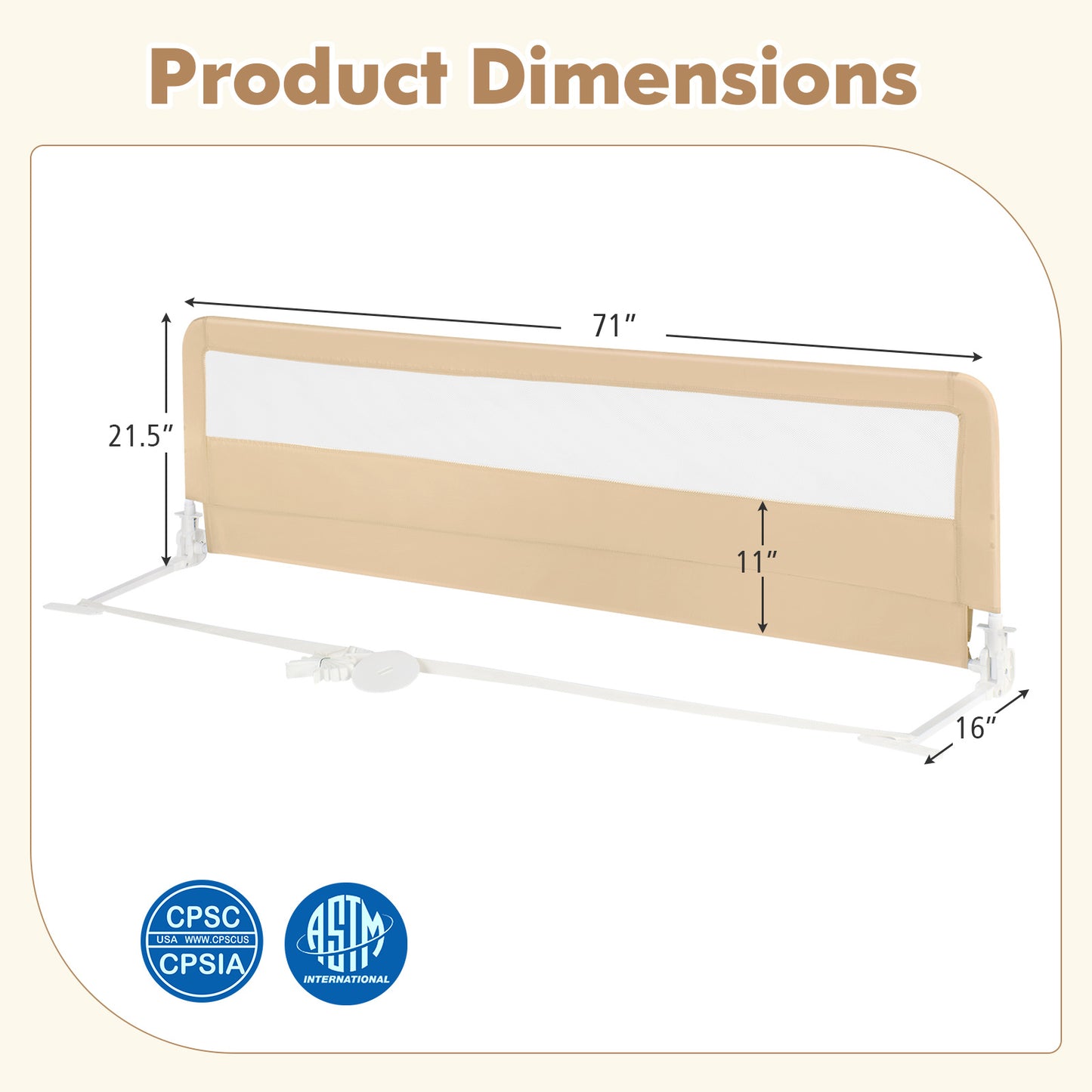 71 Inch Extra Long Swing Down Bed Guardrail with Safety Straps-Beige Kids Crystal