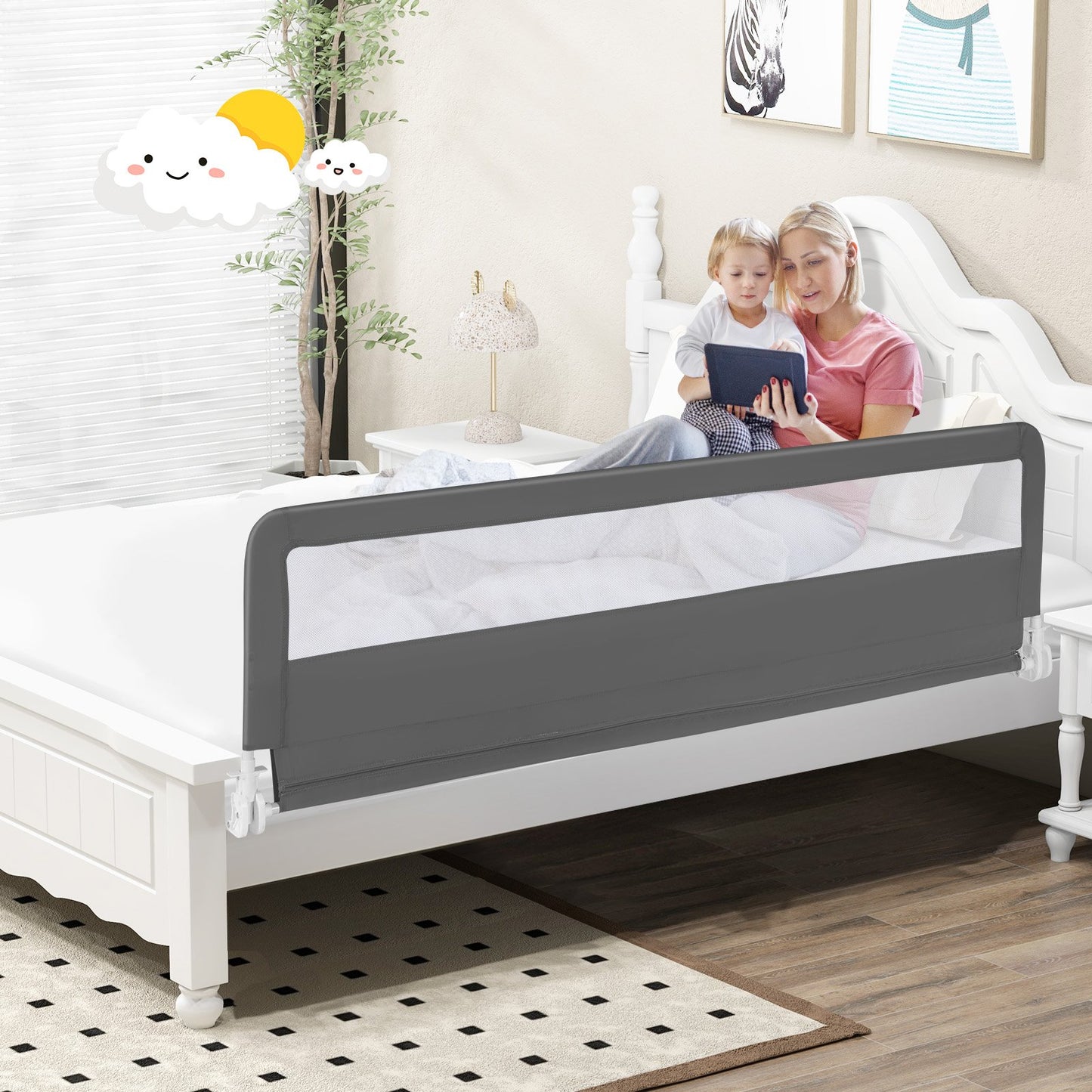 71 Inch Extra Long Swing Down Bed Guardrail with Safety Straps-Gray Kids Crystal