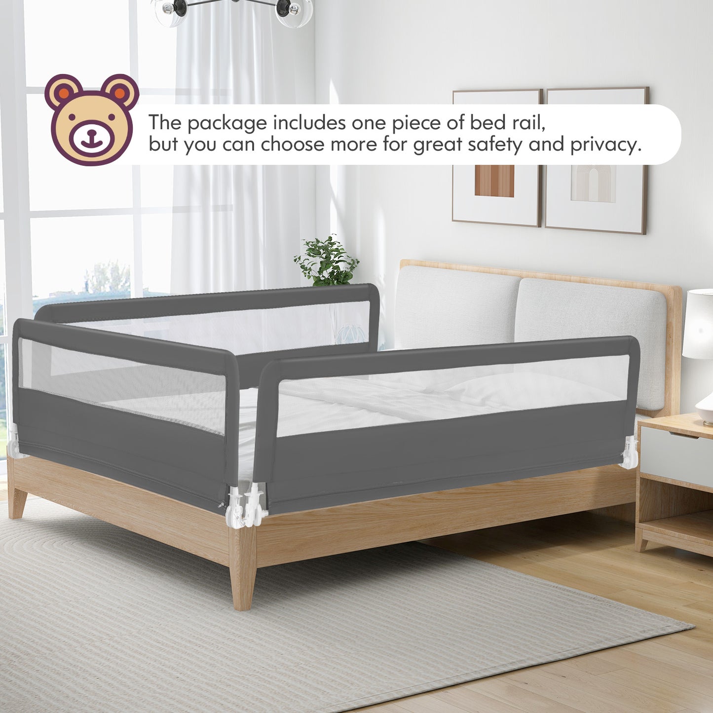 71 Inch Extra Long Swing Down Bed Guardrail with Safety Straps-Gray Kids Crystal