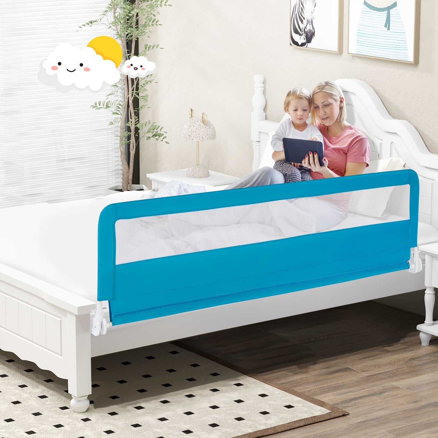 71 Inch Extra Long Swing Down Bed Guardrail with Safety Straps-Blue Kids Crystal