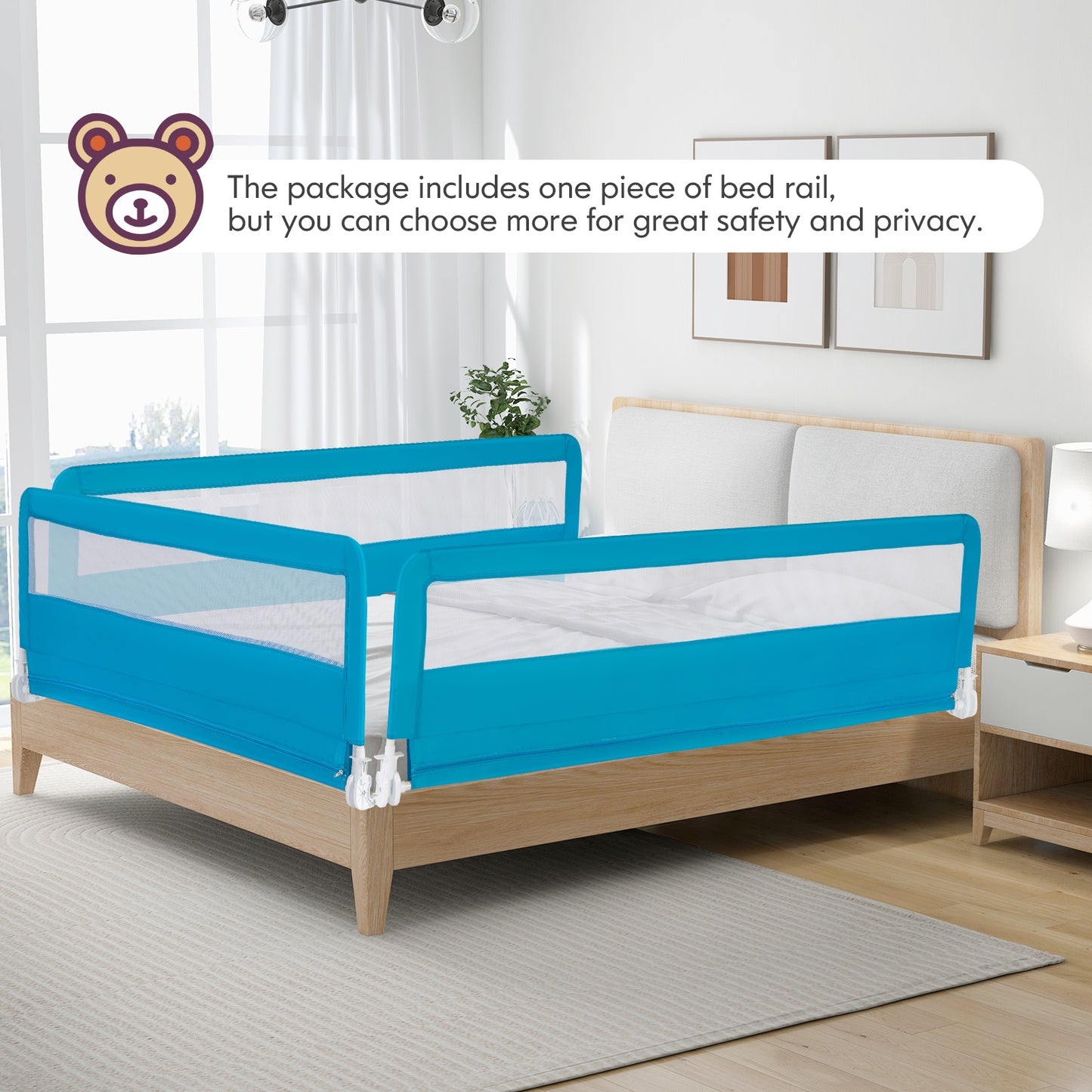 71 Inch Extra Long Swing Down Bed Guardrail with Safety Straps-Blue Kids Crystal