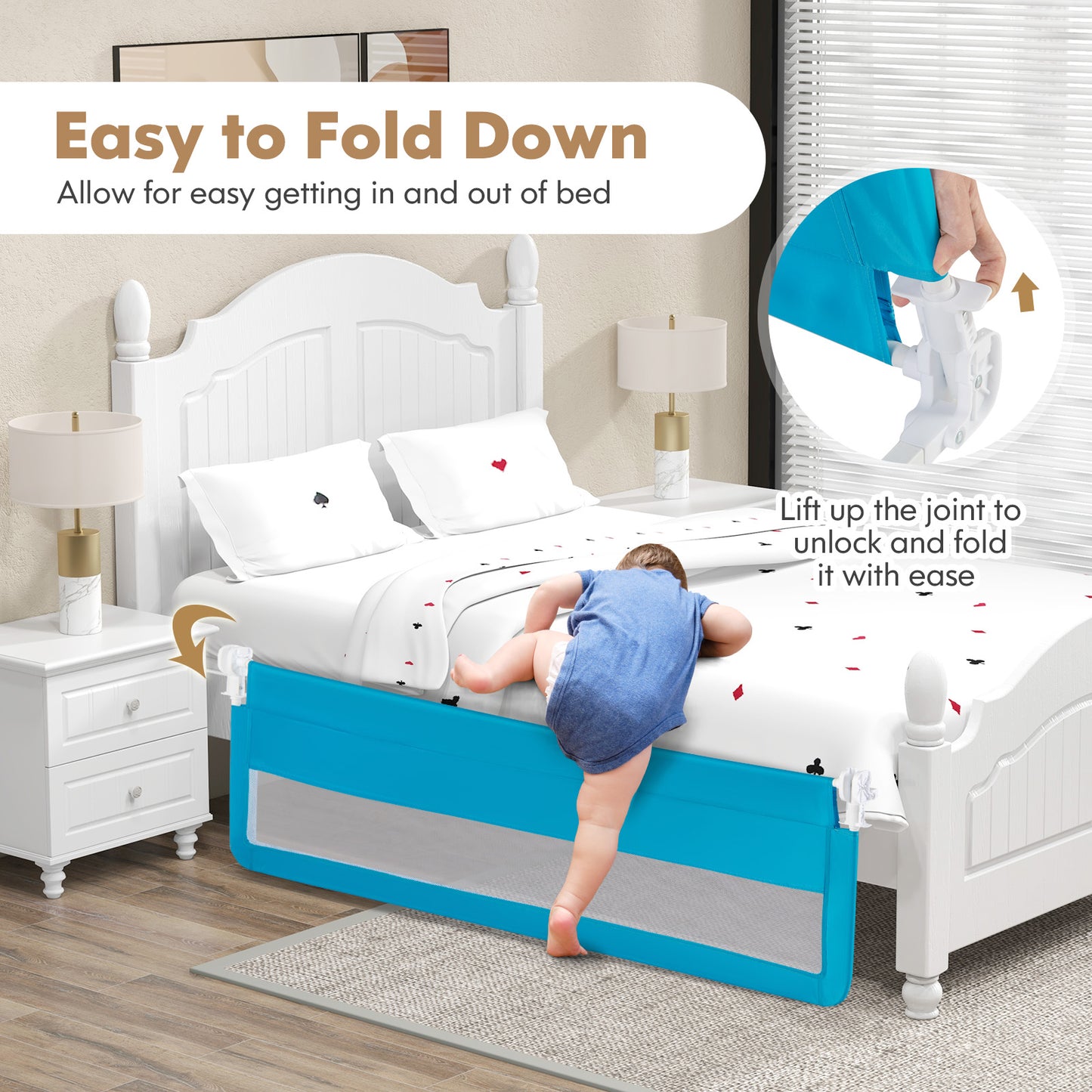 71 Inch Extra Long Swing Down Bed Guardrail with Safety Straps-Blue Kids Crystal