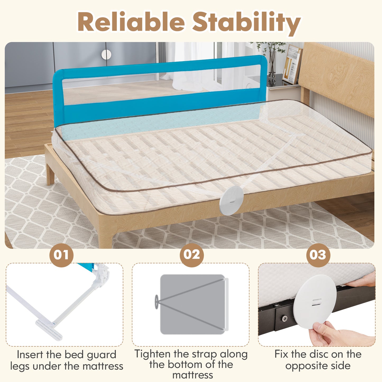 71 Inch Extra Long Swing Down Bed Guardrail with Safety Straps-Blue Kids Crystal