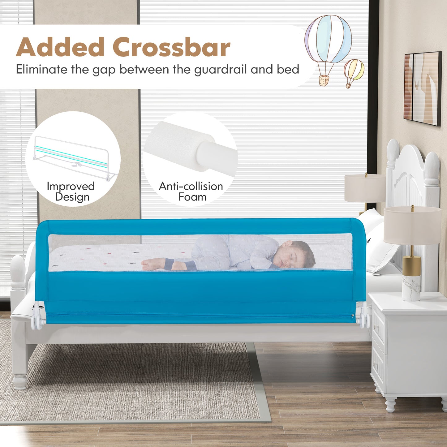 71 Inch Extra Long Swing Down Bed Guardrail with Safety Straps-Blue Kids Crystal