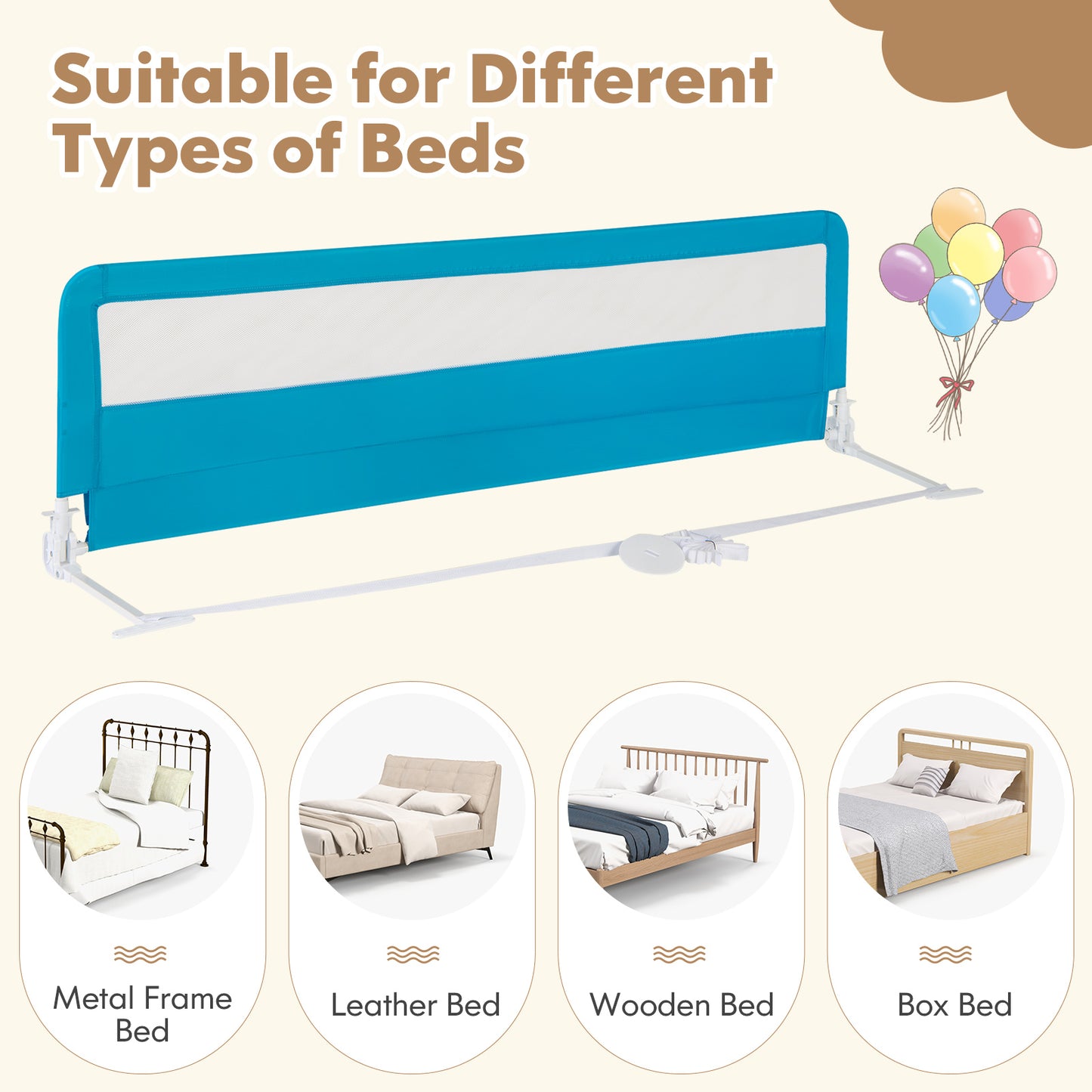 71 Inch Extra Long Swing Down Bed Guardrail with Safety Straps-Blue Kids Crystal