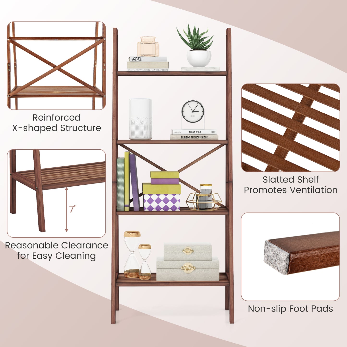 58 Inch 4-Tier Bamboo Ladder Bookshelf-Walnut Kids Crystal