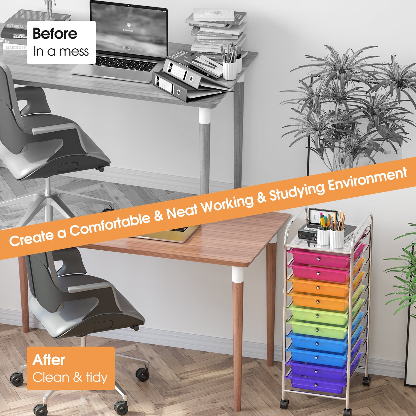 10 Drawer Rolling Storage Cart Organizer with 4 Universal Casters-Transparent Multicolor Kids Crystal