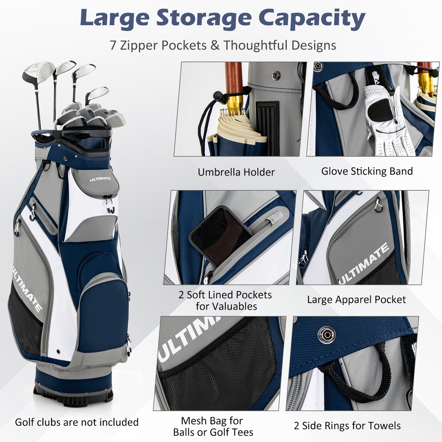 10.5 Inch Golf Stand Bag with 14 Way Dividers and 7 Zippered Pockets-Navy Kids Crystal