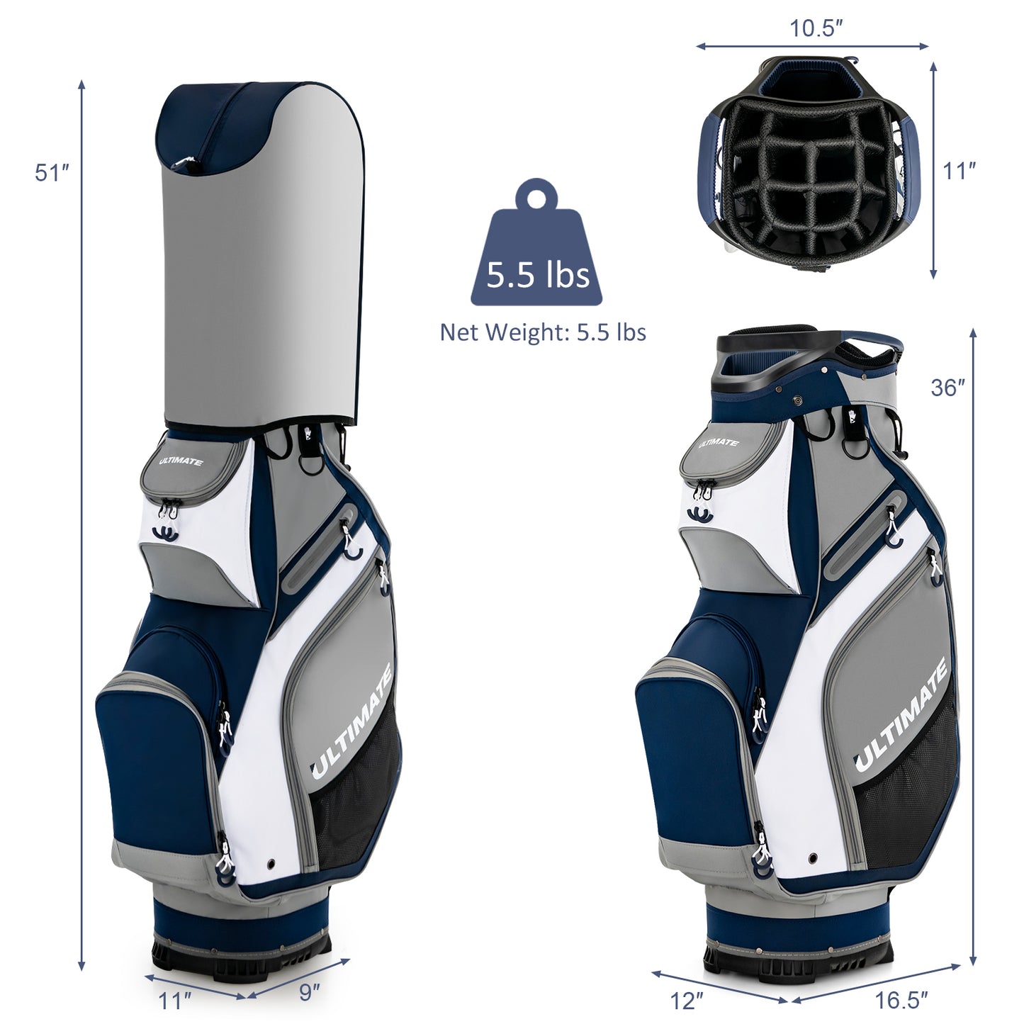 10.5 Inch Golf Stand Bag with 14 Way Dividers and 7 Zippered Pockets-Navy Kids Crystal