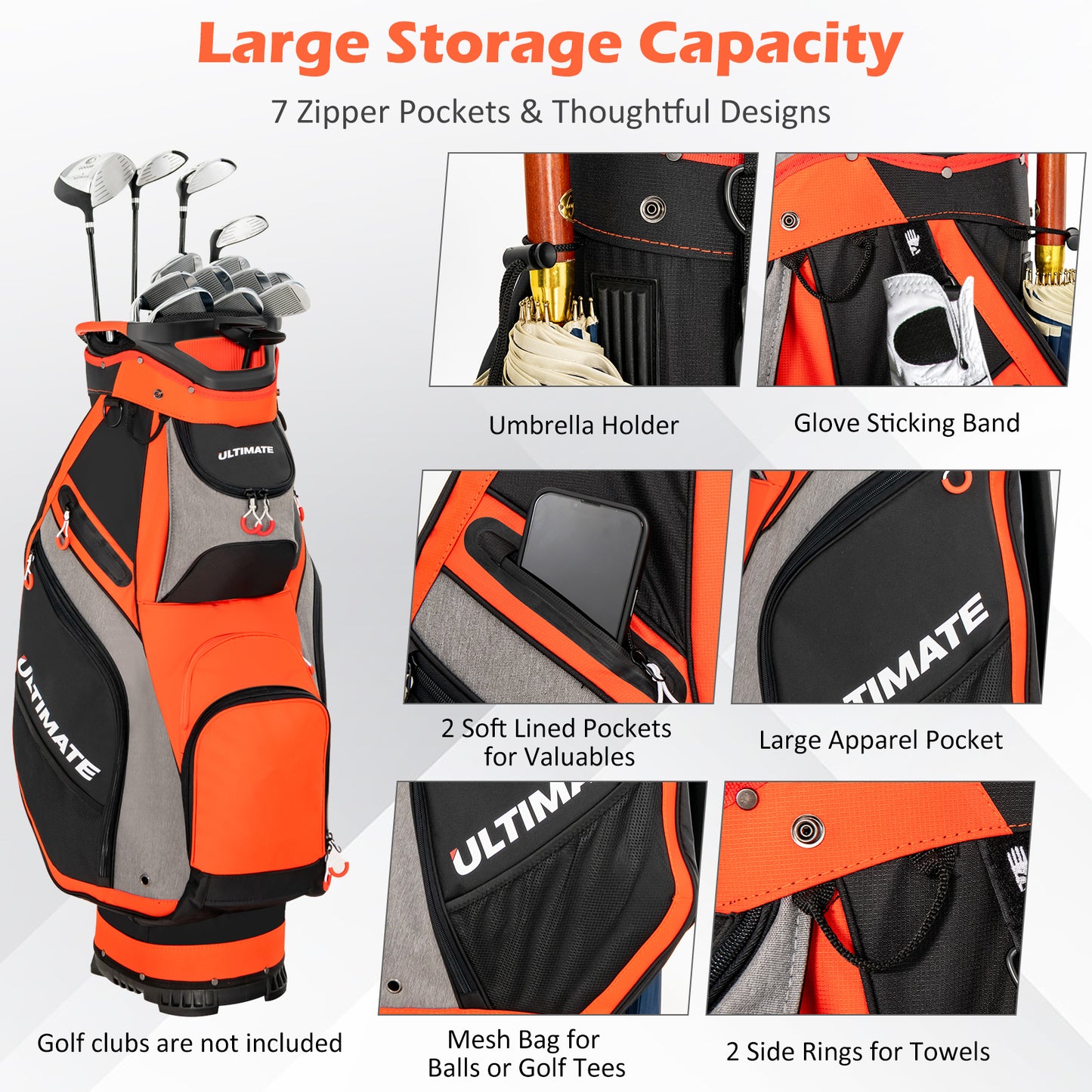 10.5 Inch Golf Stand Bag with 14 Way Dividers and 7 Zippered Pockets-Orange Kids Crystal
