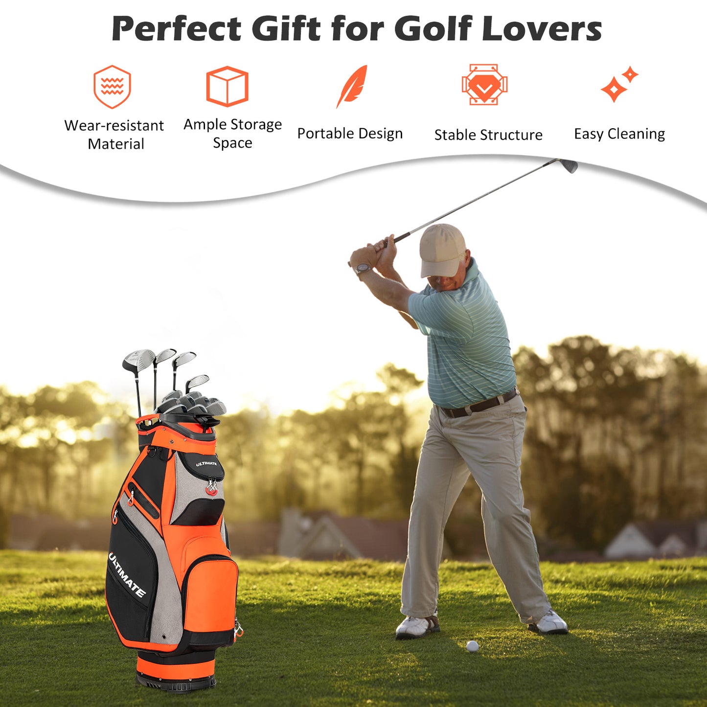 10.5 Inch Golf Stand Bag with 14 Way Dividers and 7 Zippered Pockets-Orange Kids Crystal