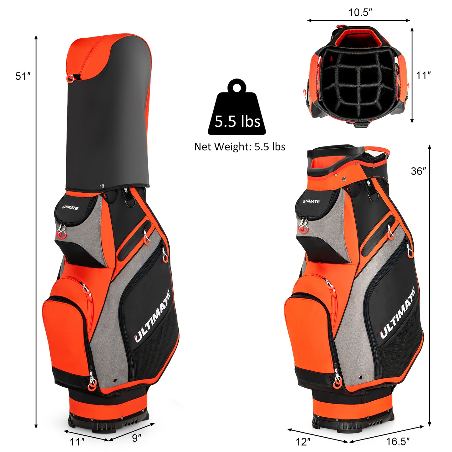 10.5 Inch Golf Stand Bag with 14 Way Dividers and 7 Zippered Pockets-Orange Kids Crystal