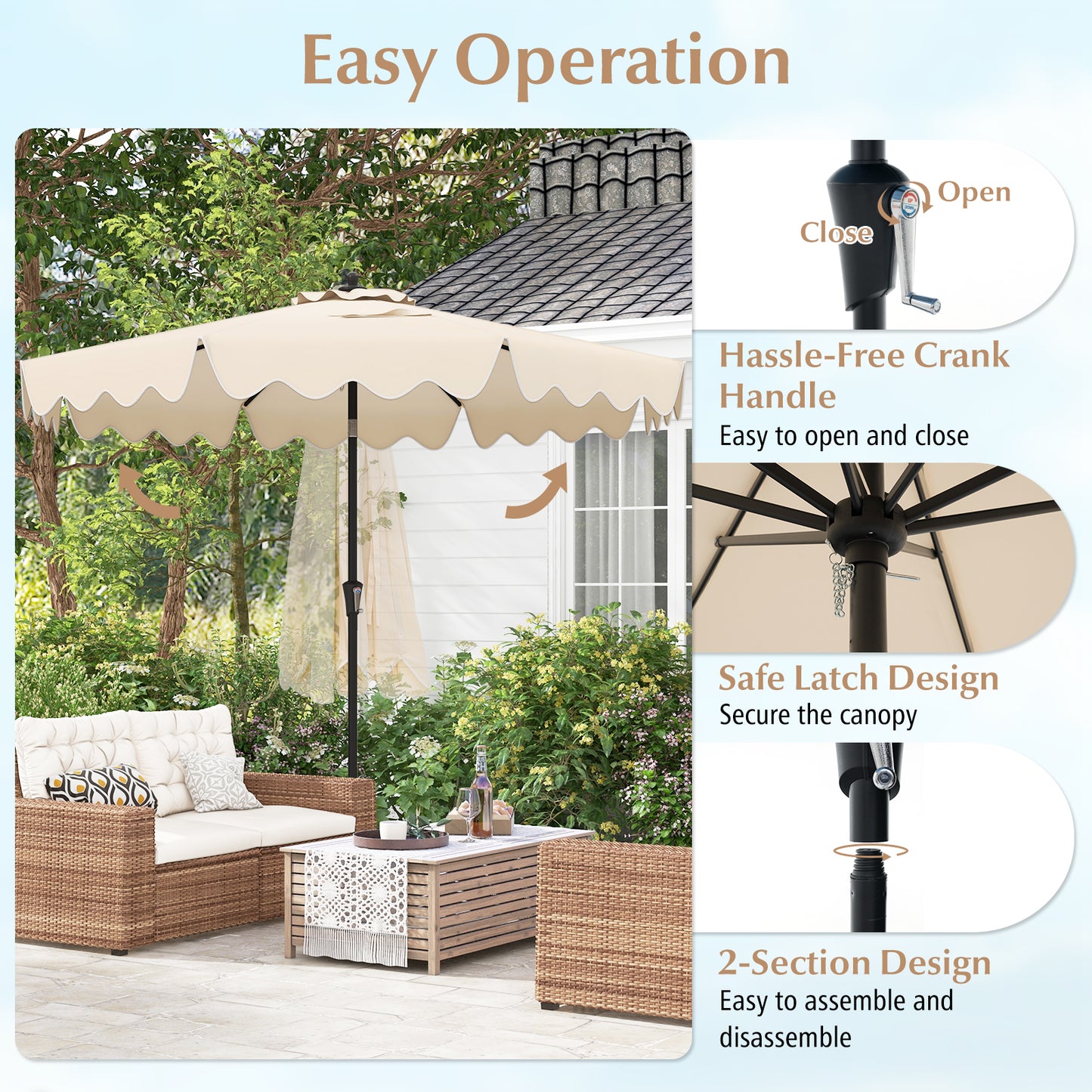 9 Feet Patio Umbrella with Crank Handle and Push Button Tilt-Beige Kids Crystal