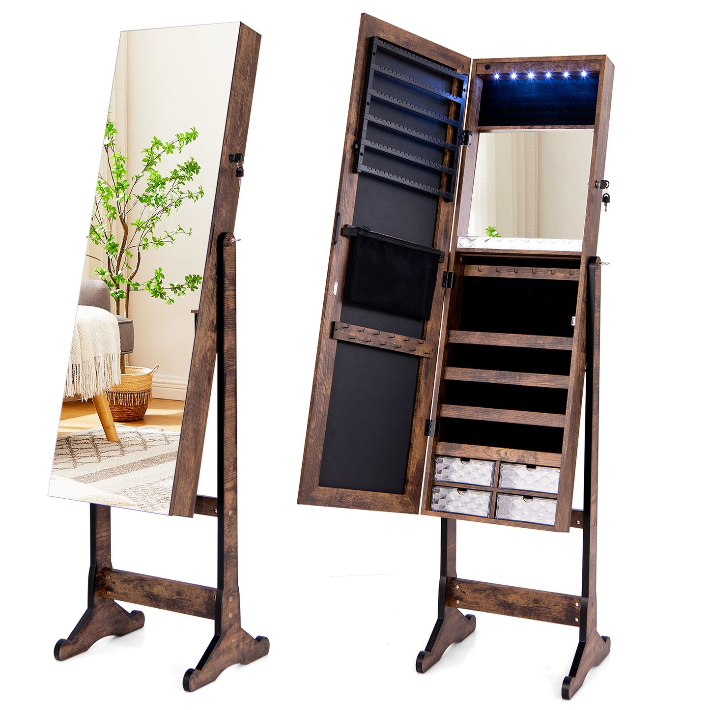 Free Standing Full Length Jewelry Armoire with Lights-Rustic Brown Kids Crystal